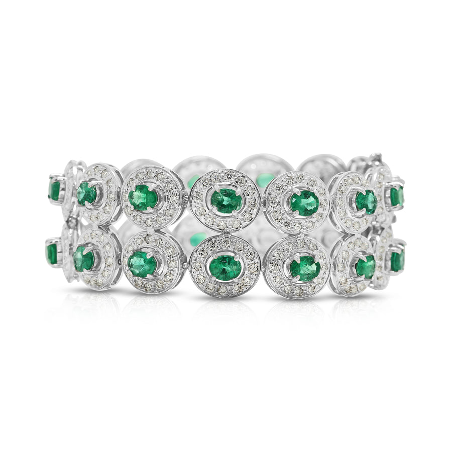 Resplendent 8.10ct Emerald and 4.68ct Natural Diamond Double Row Halo Link Bracelet in 18K White Gold