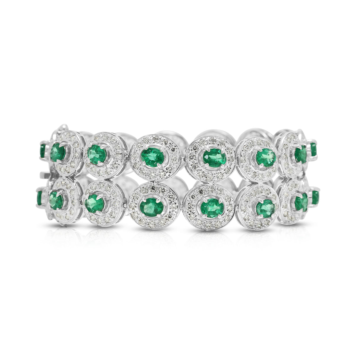 Resplendent 8.10ct Emerald and 4.68ct Natural Diamond Double Row Halo Link Bracelet in 18K White Gold