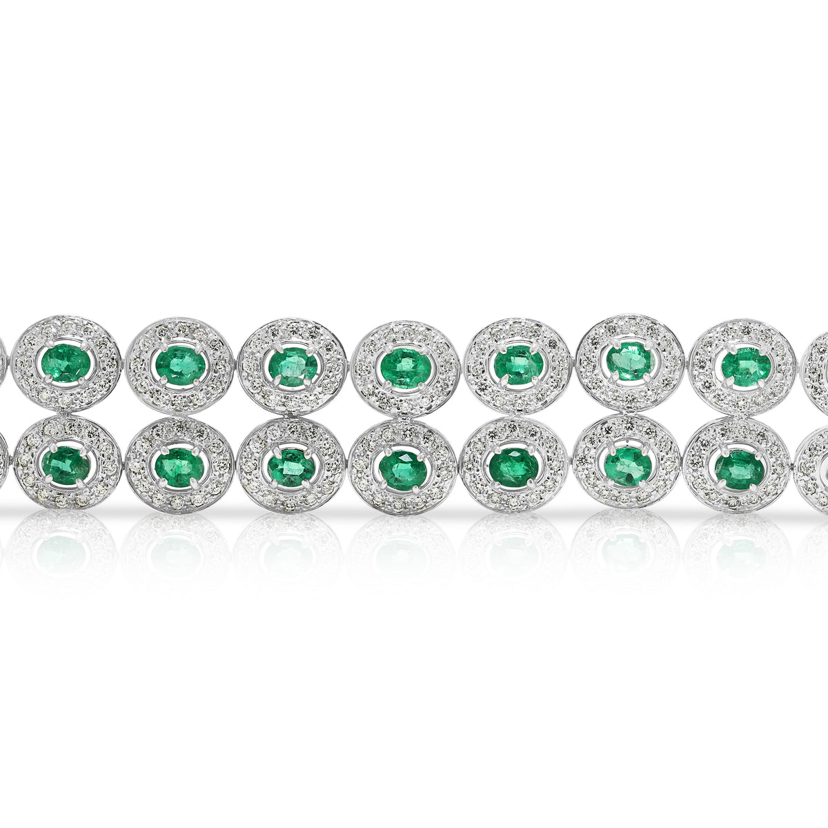Resplendent 8.10ct Emerald and 4.68ct Natural Diamond Double Row Halo Link Bracelet in 18K White Gold
