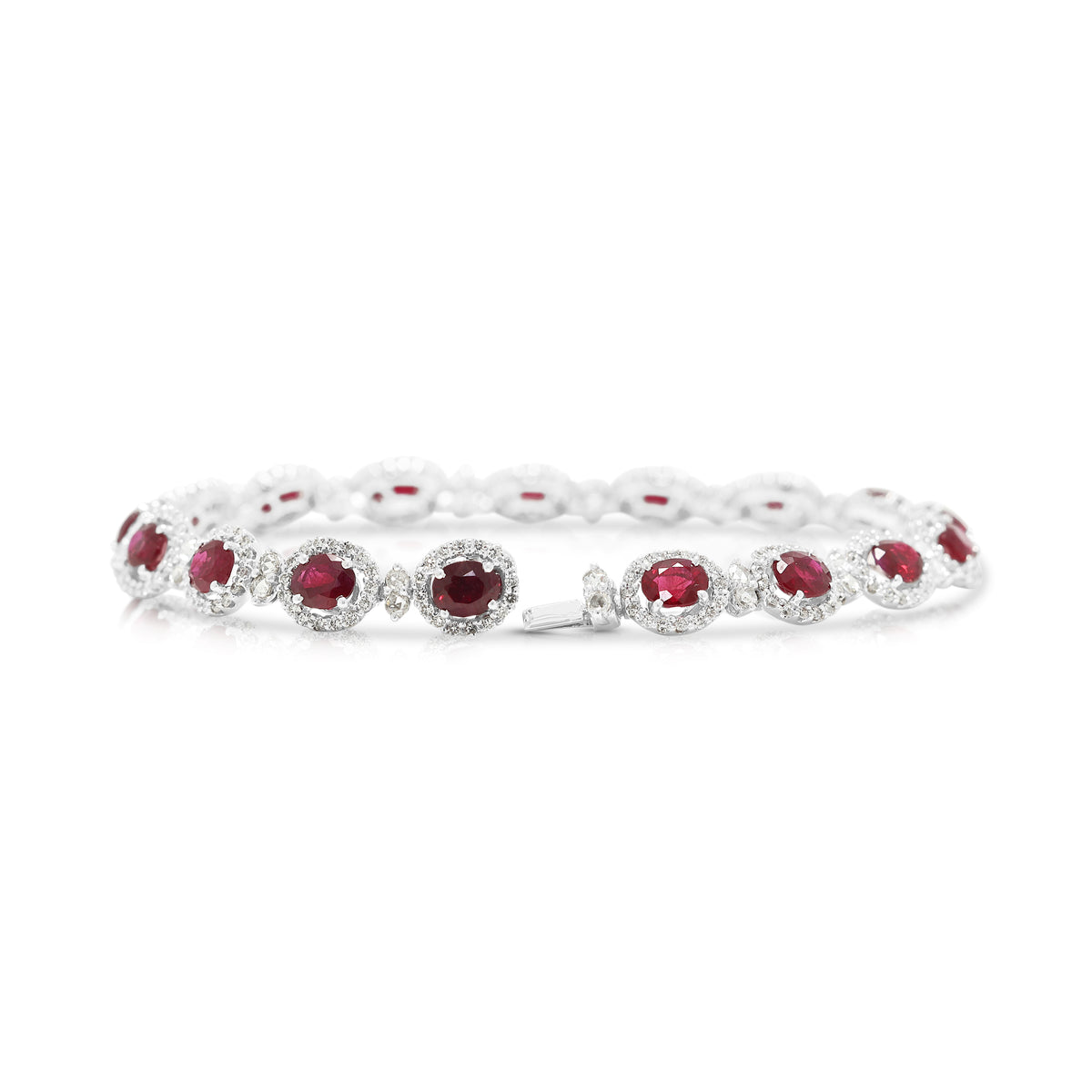 Majestic 8.35ct Burmese Ruby and 1.83ct Diamond Halo Line Bracelet in 18K White Gold with Nan Yang Certificate