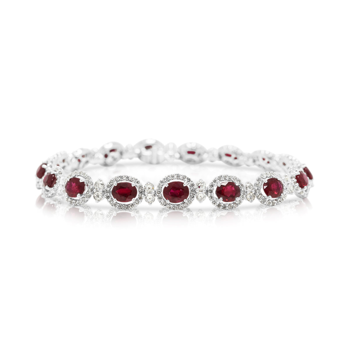 Majestic 8.35ct Burmese Ruby and 1.83ct Diamond Halo Line Bracelet in 18K White Gold with Nan Yang Certificate
