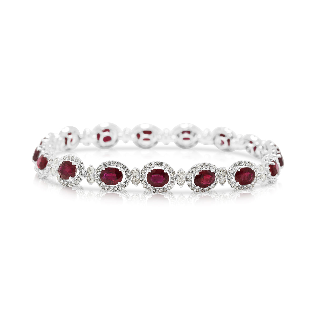 Majestic 8.35ct Burmese Ruby and 1.83ct Diamond Halo Line Bracelet in 18K White Gold with Nan Yang Certificate