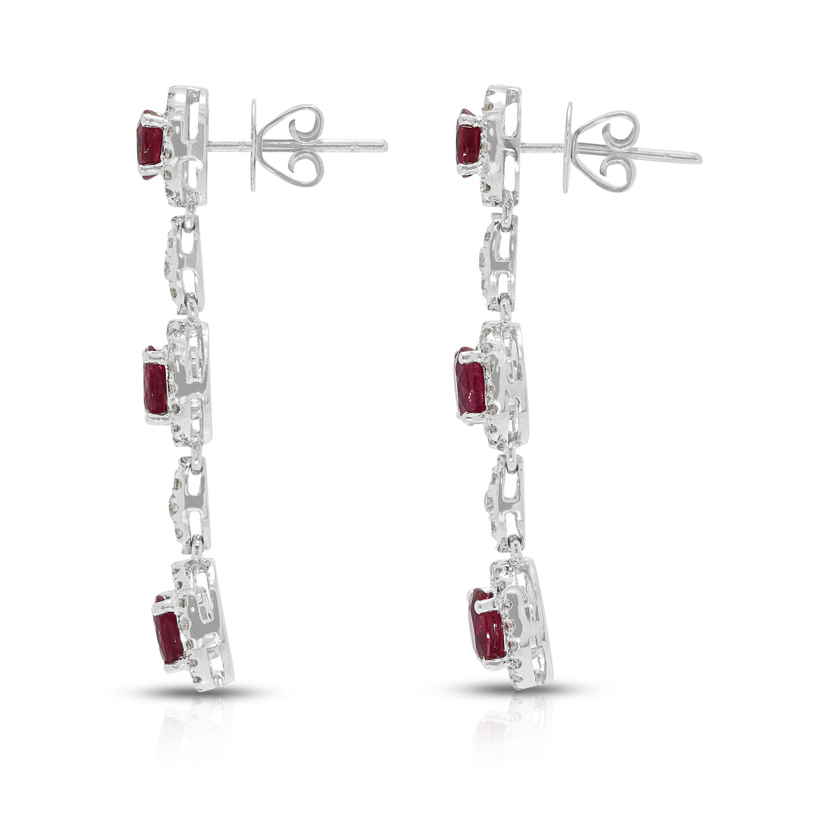 Exquisite 2.88ct Ruby and 1.02ct Natural Diamond Three Tier Halo Drop Earrings in 18K White Gold