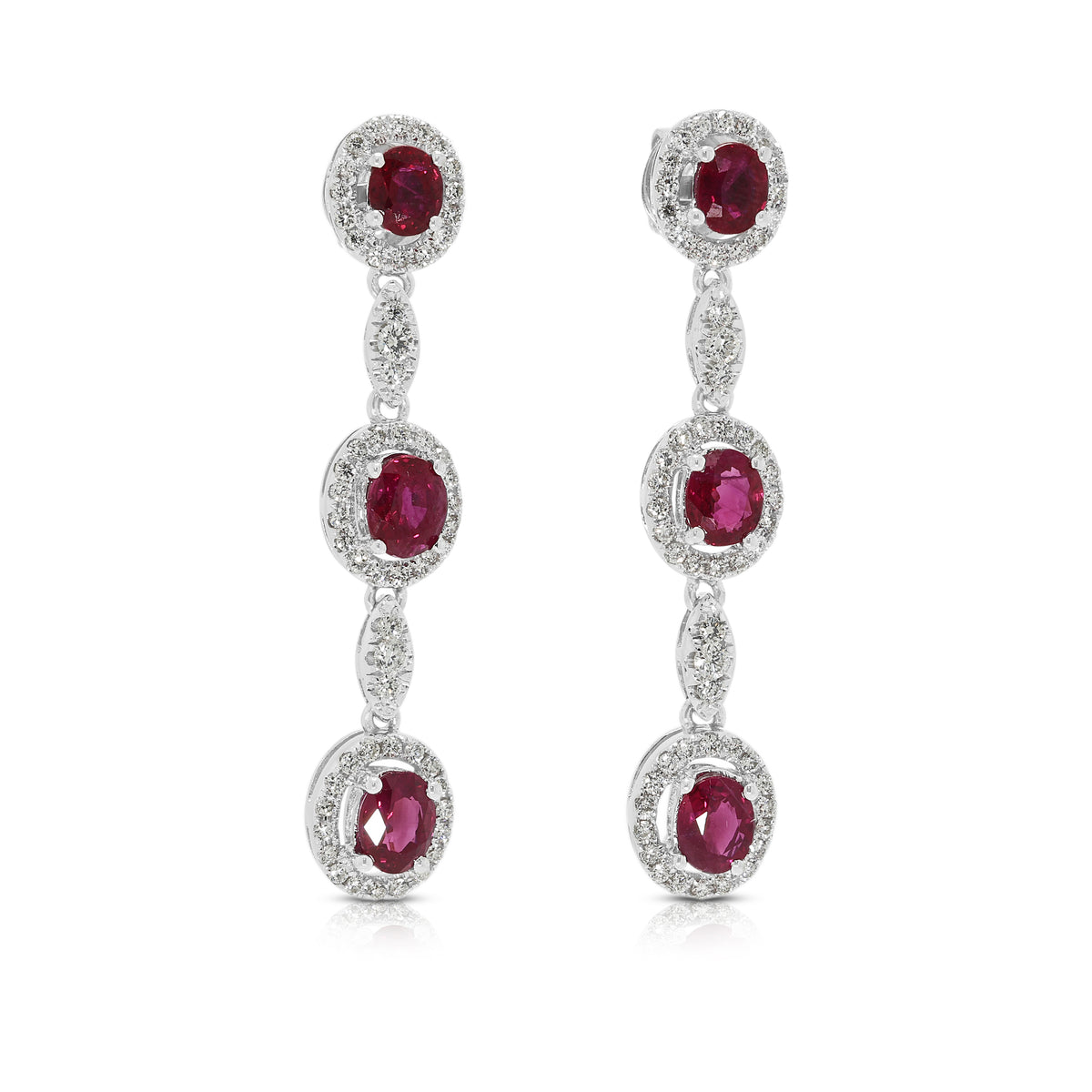 Exquisite 2.88ct Ruby and 1.02ct Natural Diamond Three Tier Halo Drop Earrings in 18K White Gold