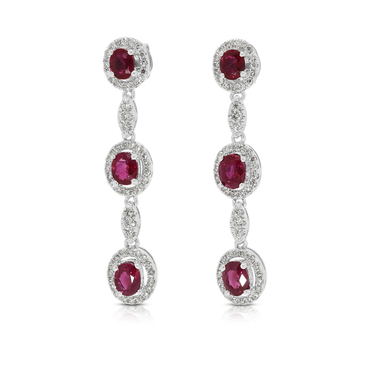 Exquisite 2.88ct Ruby and 1.02ct Natural Diamond Three Tier Halo Drop Earrings in 18K White Gold