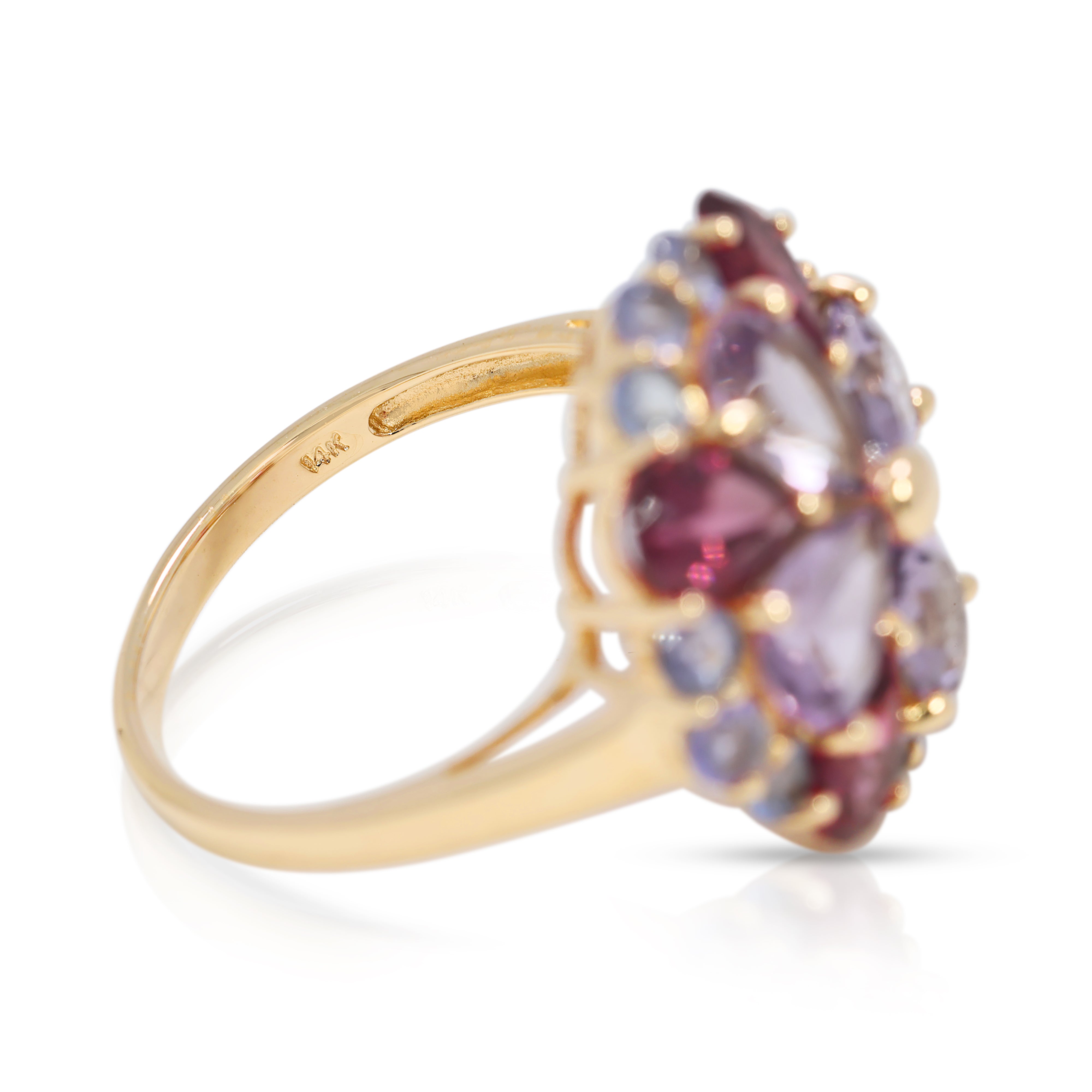 Vibrant 3.26ct Amethyst & Tourmaline Ring in 14K Yellow Gold