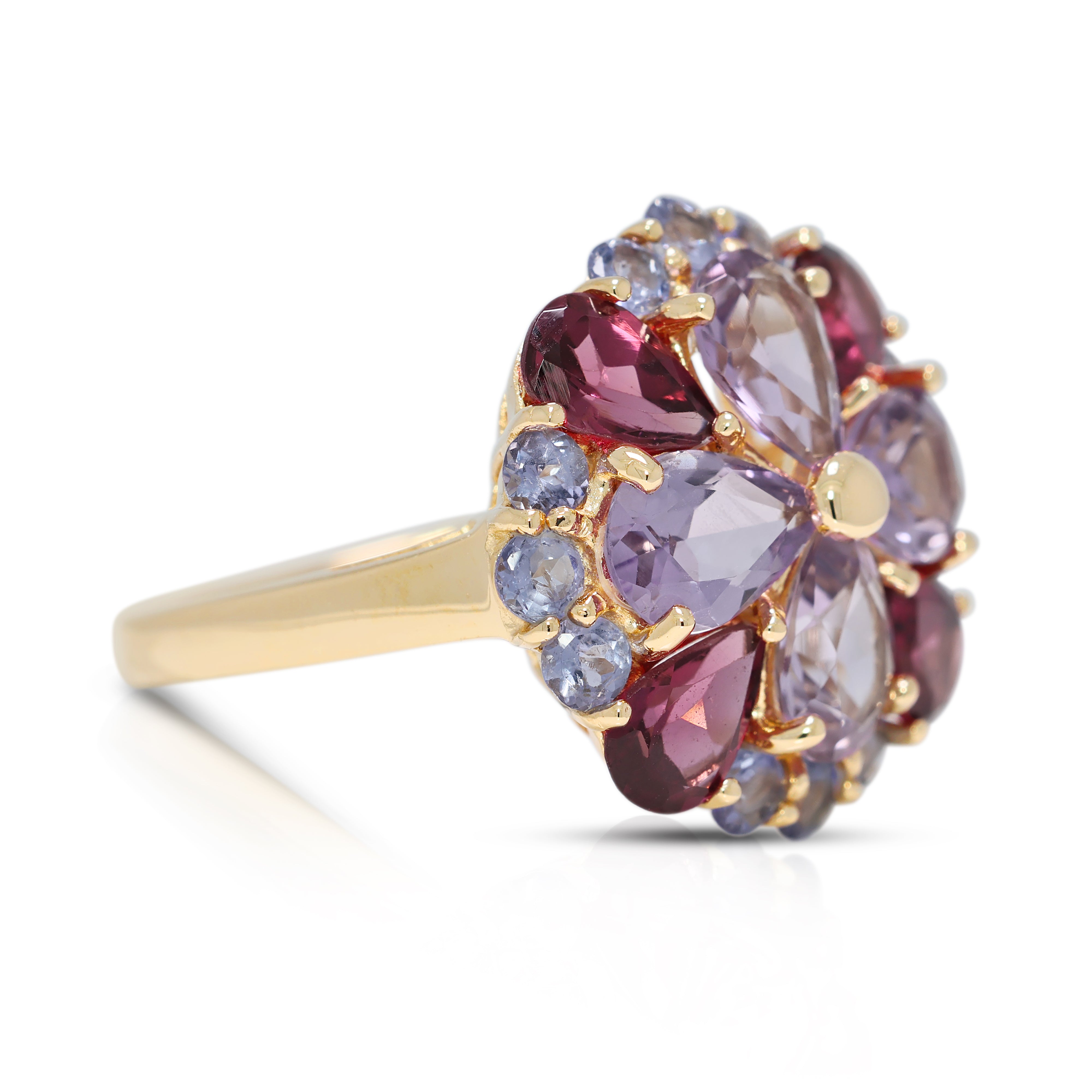Vibrant 3.26ct Amethyst & Tourmaline Ring in 14K Yellow Gold