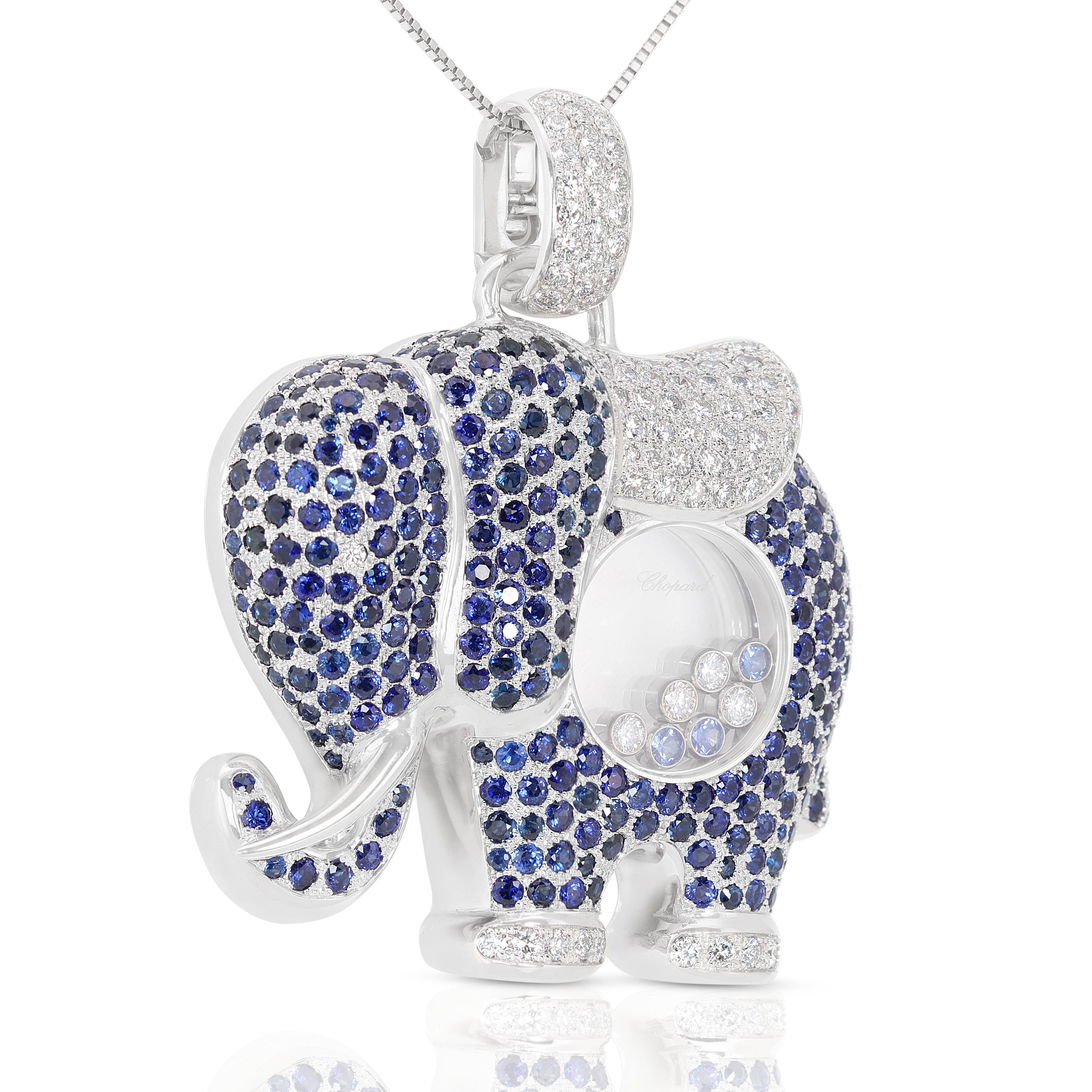 Chopard 7 carats and 2 points Sapphire and Natural Diamond Elephant Pendant in 18K White Gold