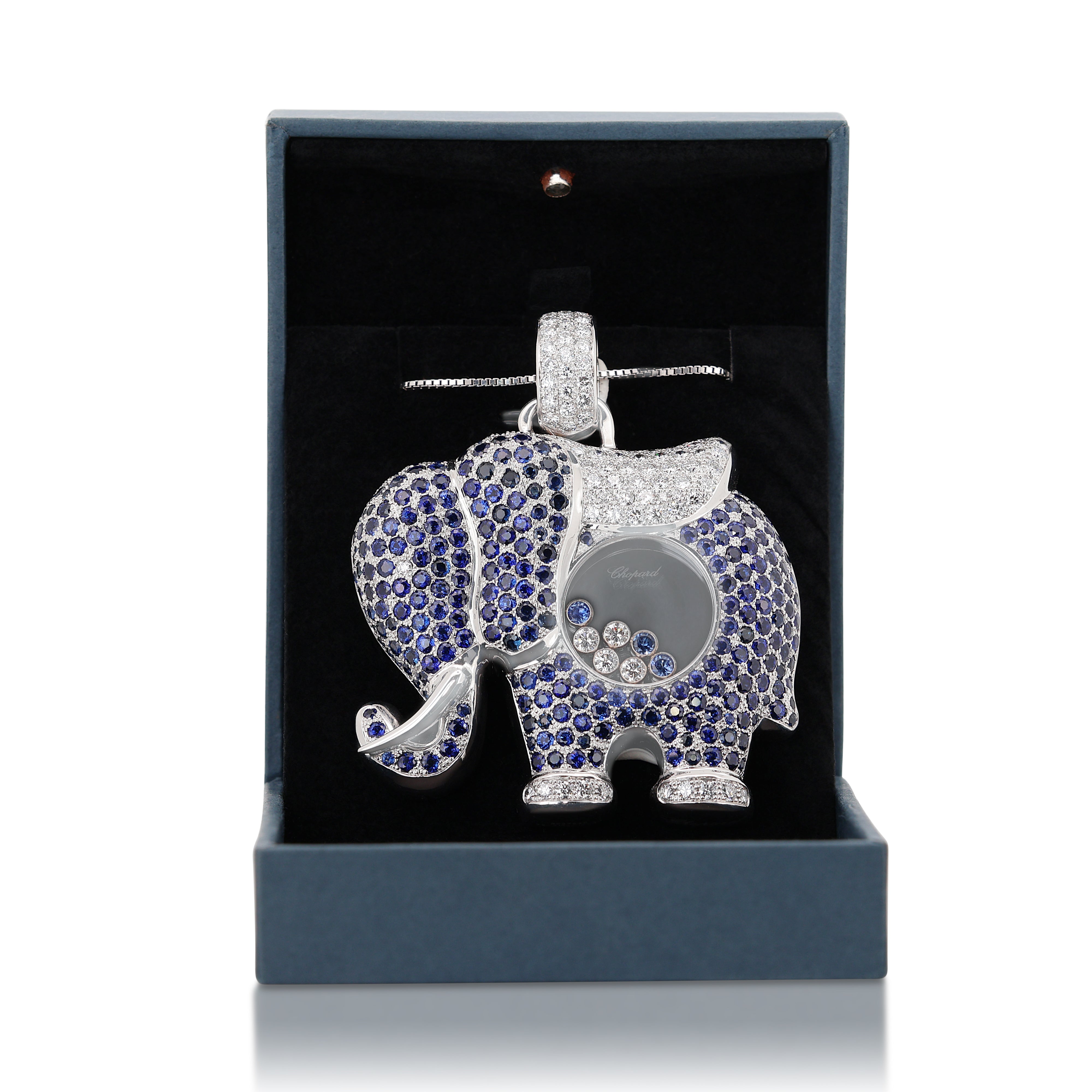 Chopard 7 carats and 2 points Sapphire and Natural Diamond Elephant Pendant in 18K White Gold