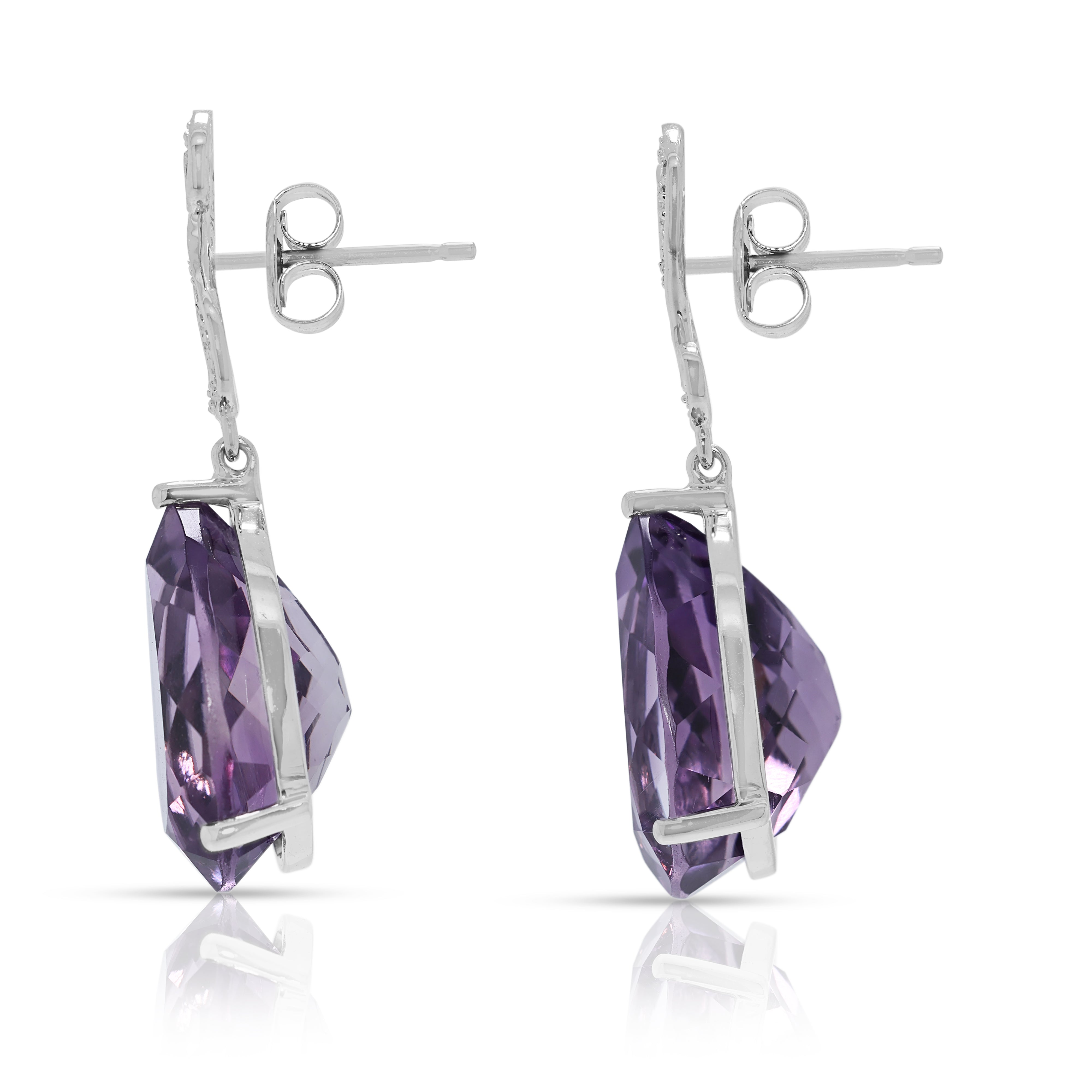 Opulent 14.36ct Amethyst & Natural Diamond Drop Earrings in 14K White Gold