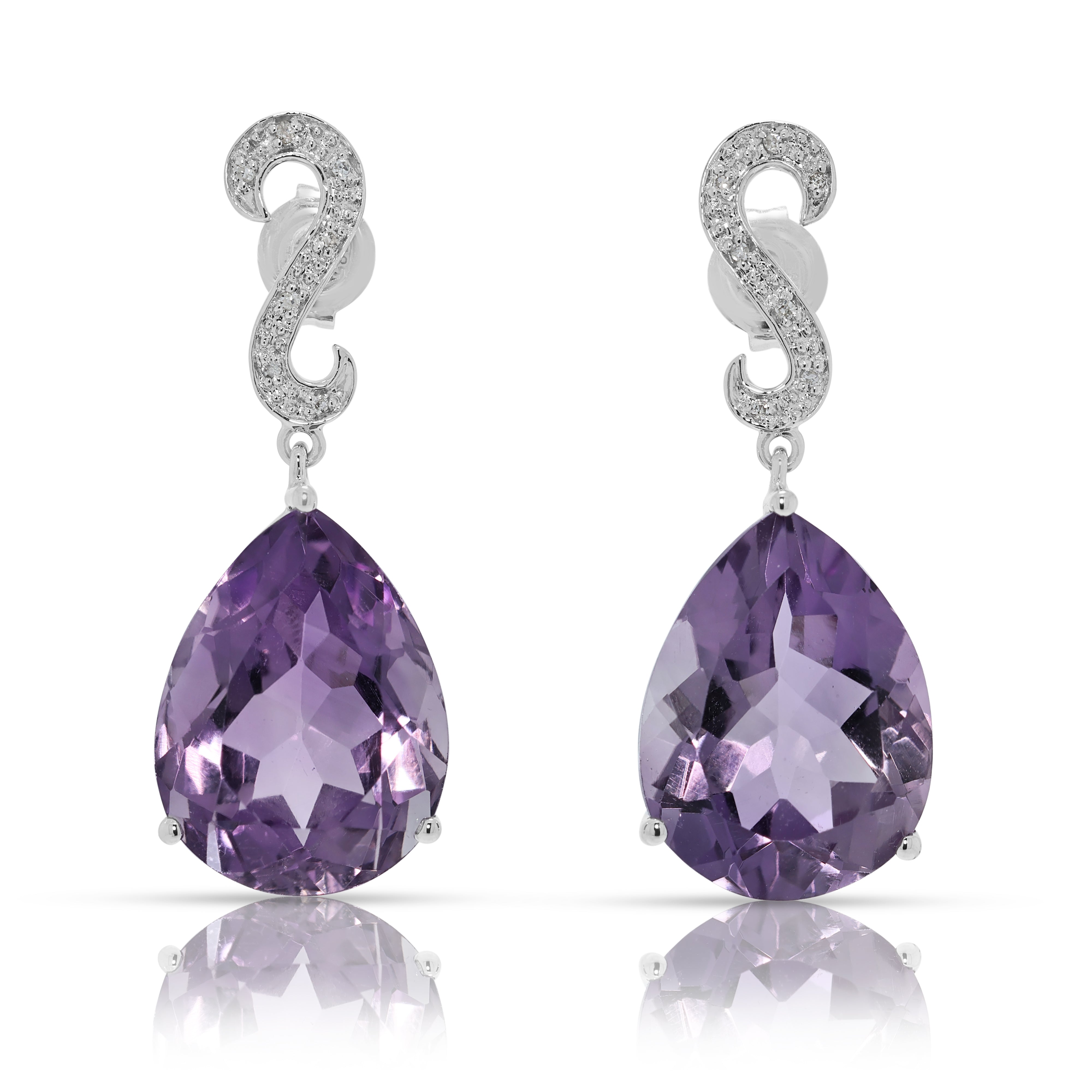 Opulent 14.36ct Amethyst & Natural Diamond Drop Earrings in 14K White Gold