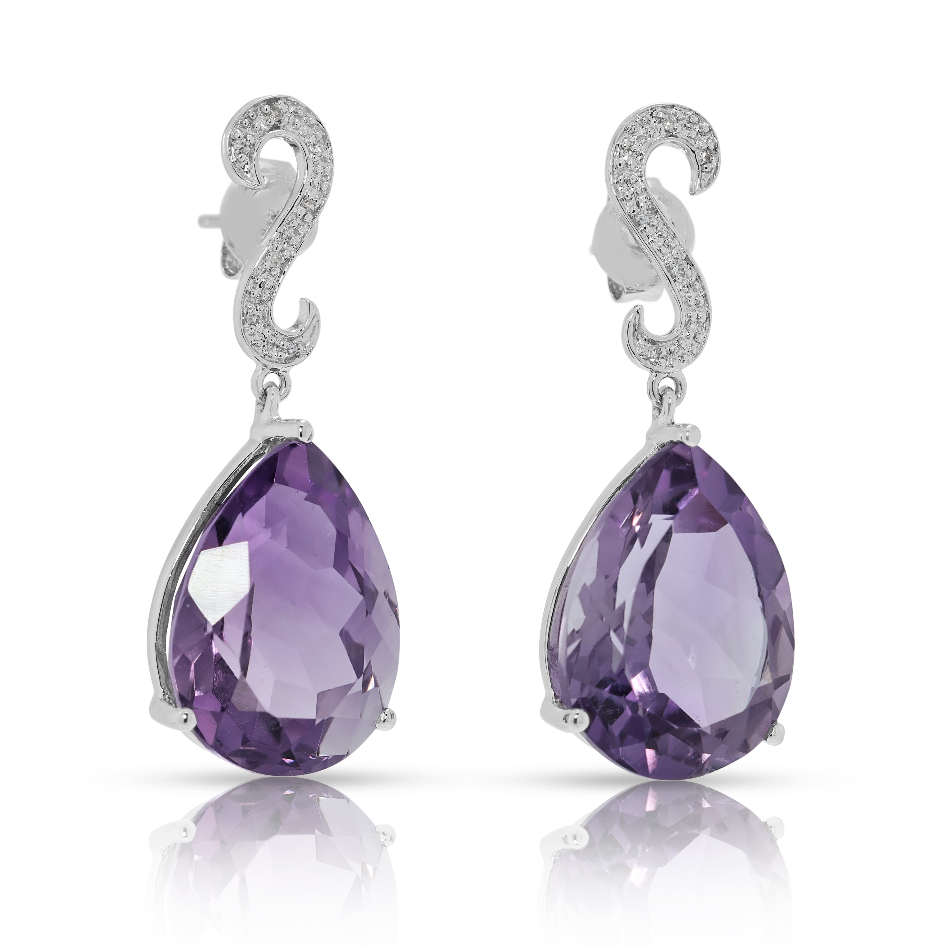 Opulent 14.36ct Amethyst & Natural Diamond Drop Earrings in 14K White Gold