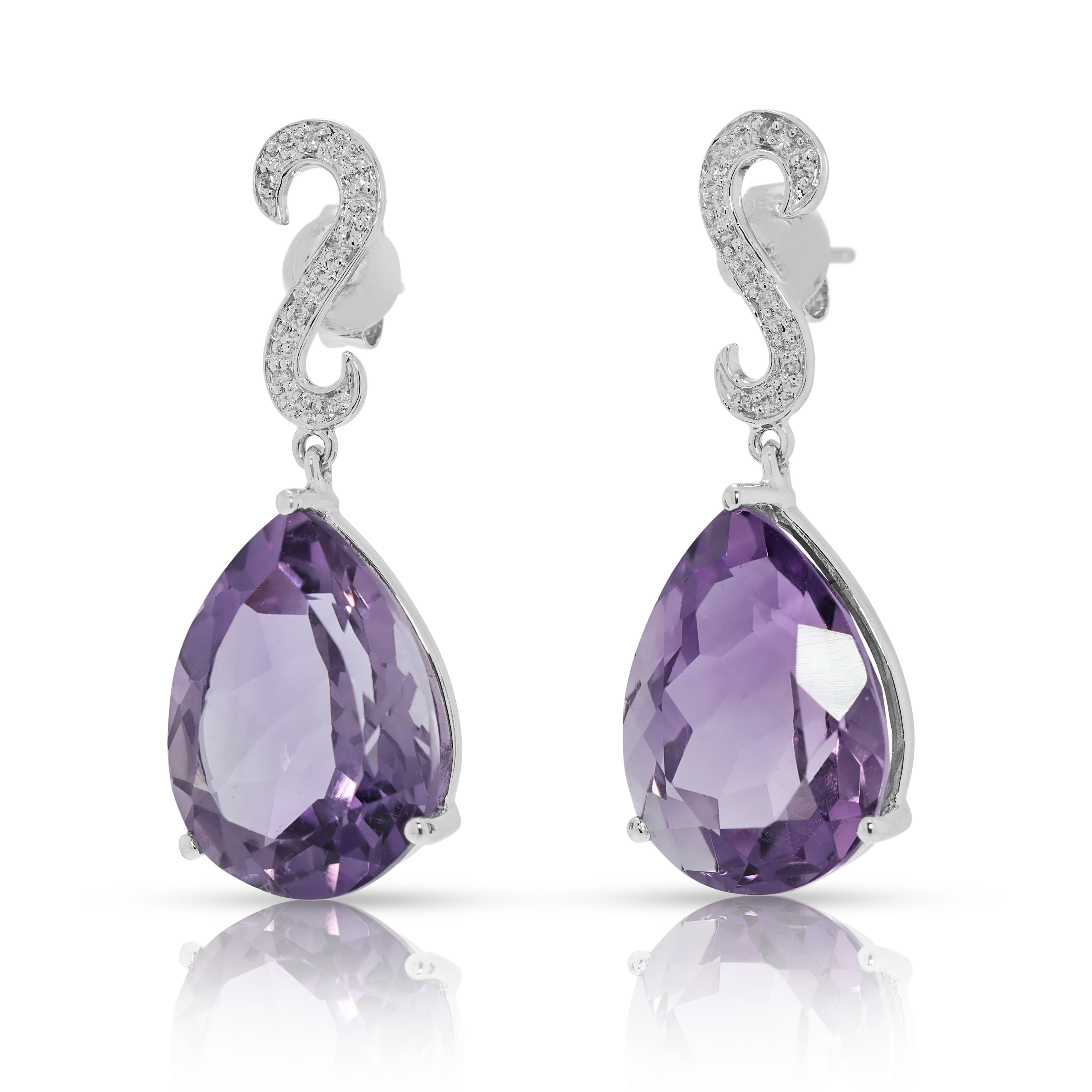 Opulent 14.36ct Amethyst & Natural Diamond Drop Earrings in 14K White Gold