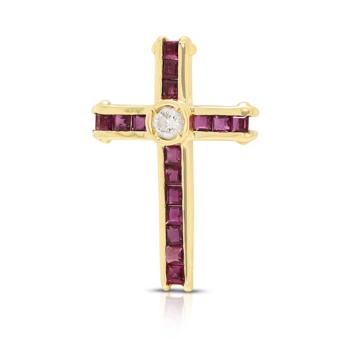 Spectacular 0.40ct Ruby and 0.10ct Natural Diamond Channel Set Cross Pendant in 18K Yellow Gold