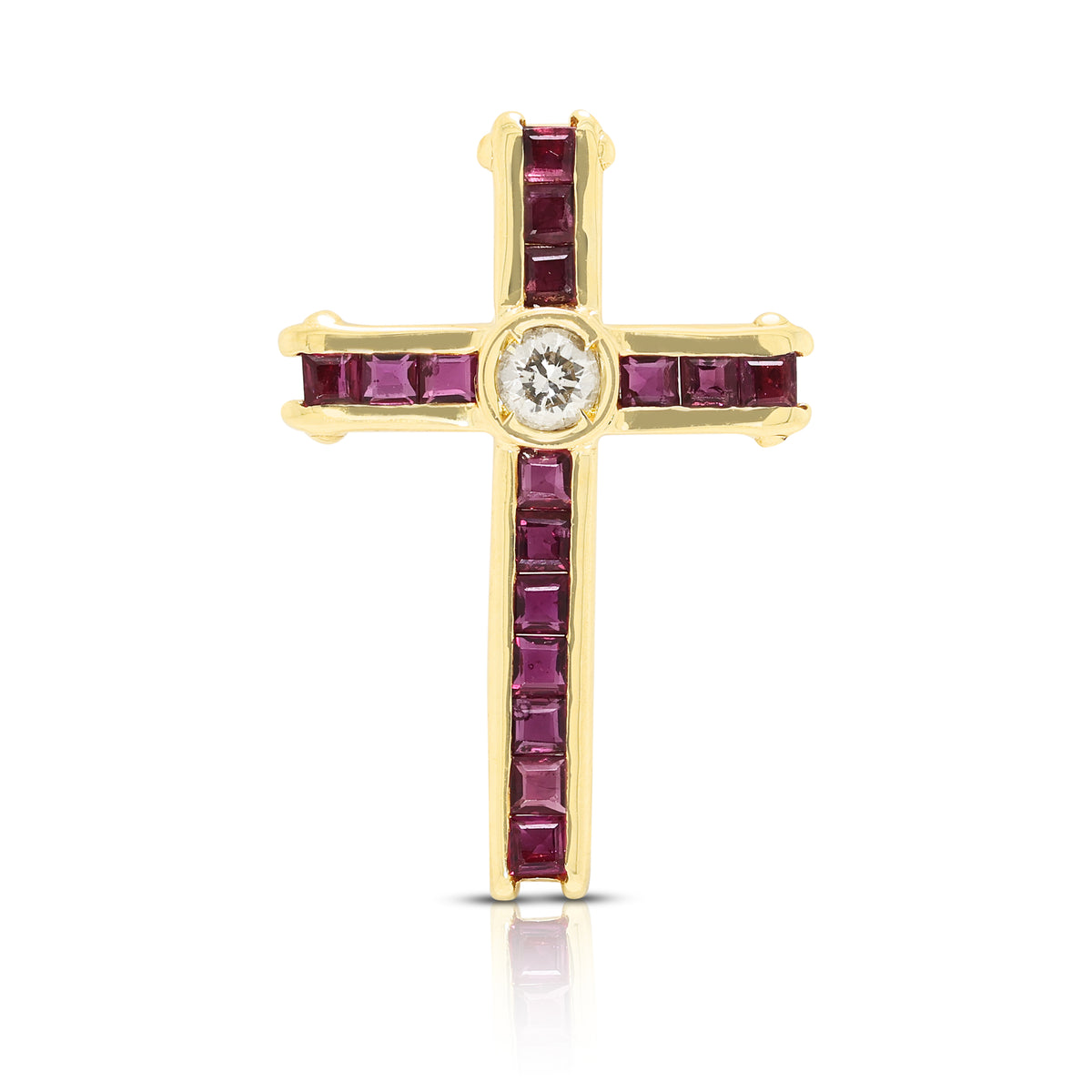 Spectacular 0.40ct Ruby and 0.10ct Natural Diamond Channel Set Cross Pendant in 18K Yellow Gold