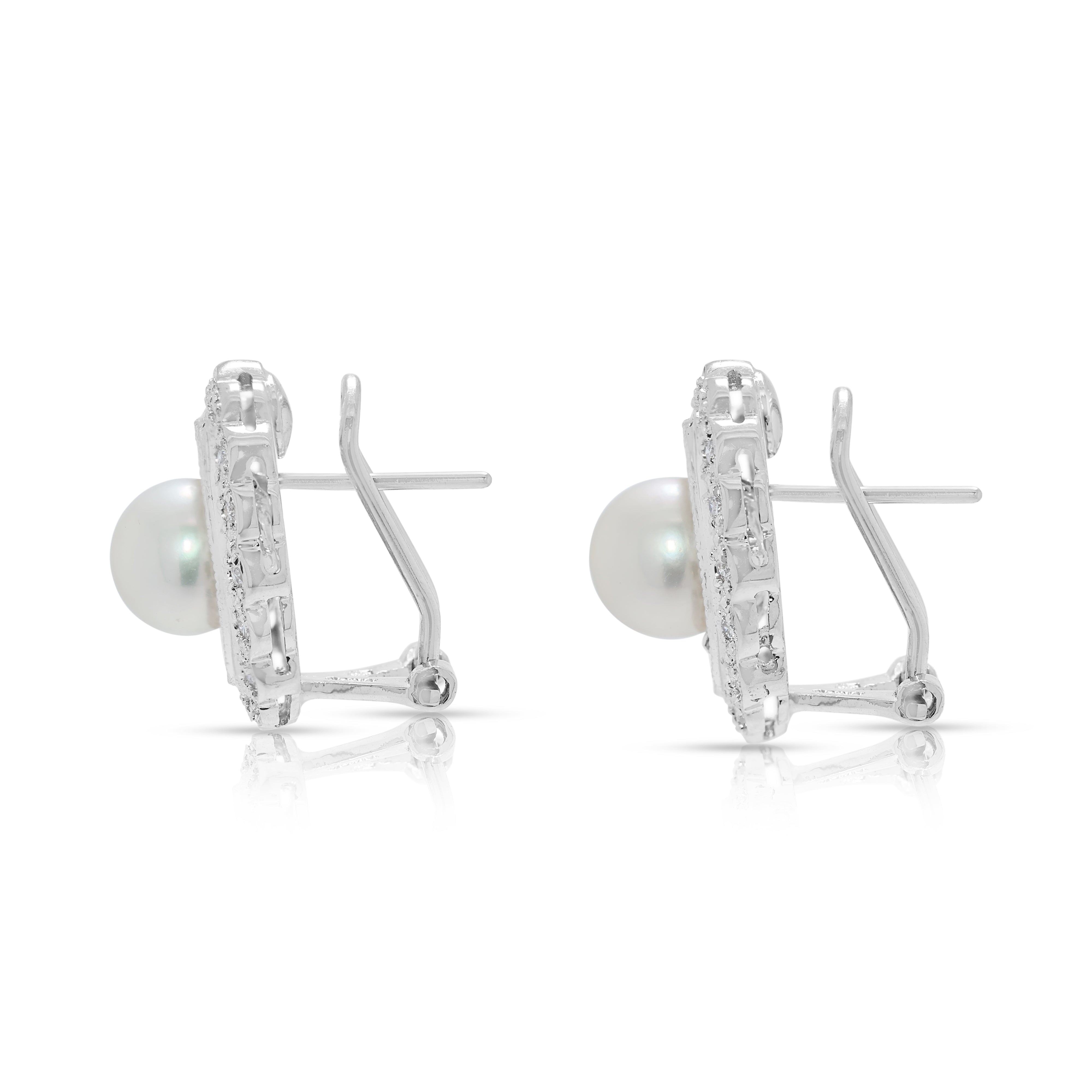 Graceful 0.19ct Natural Diamond & 7.2mm Akoya Pearl Earrings in 18K White Gold (New-unworn)