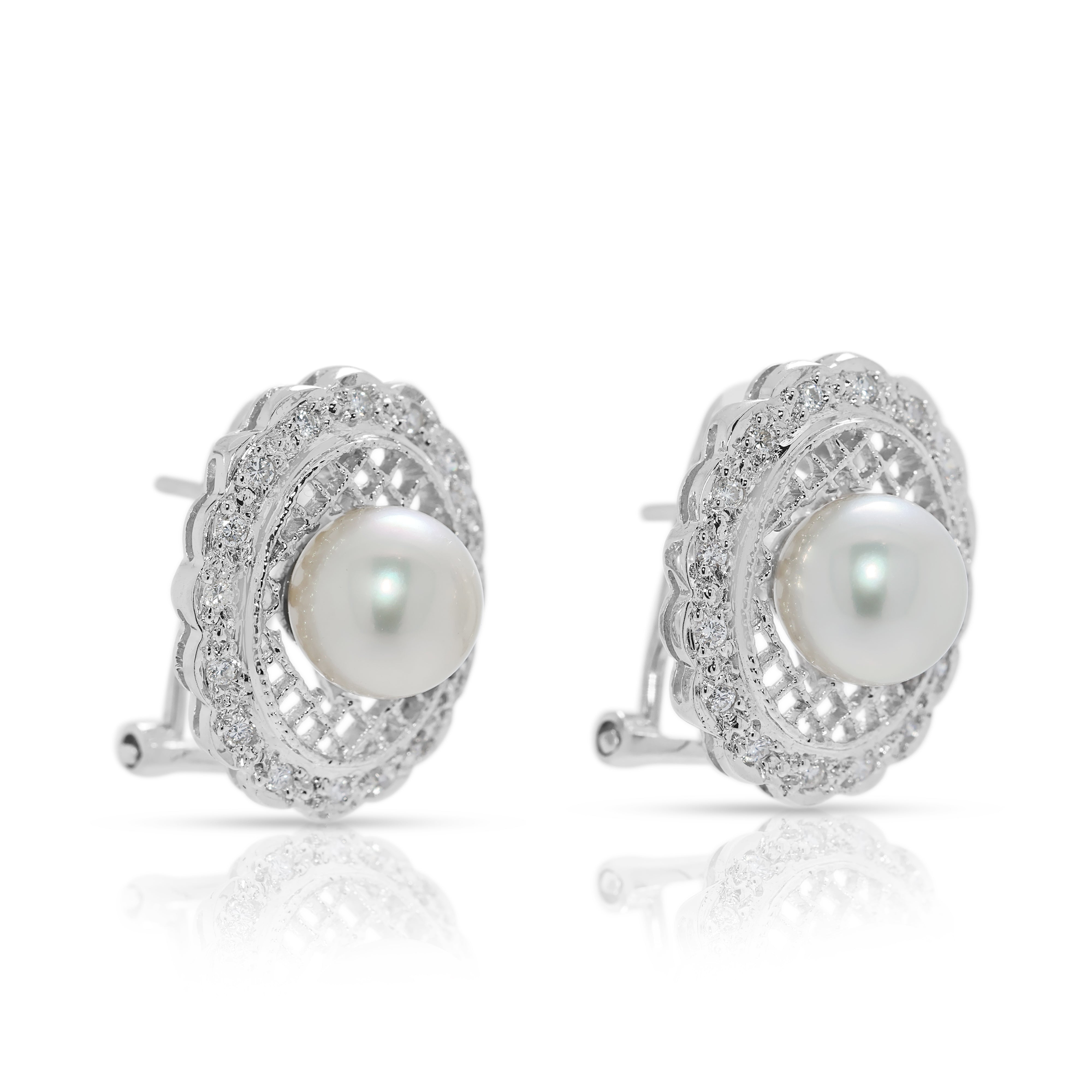 Graceful 0.19ct Natural Diamond & 7.2mm Akoya Pearl Earrings in 18K White Gold (New-unworn)