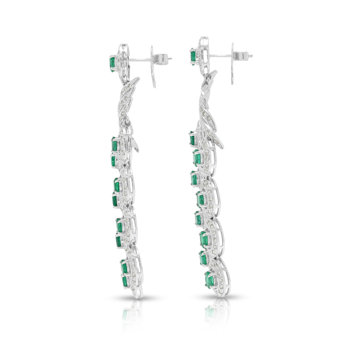Opulent 5.40ct Emerald and 3.38ct Natural Diamond Cascading Dangling Earrings in 18K White Gold