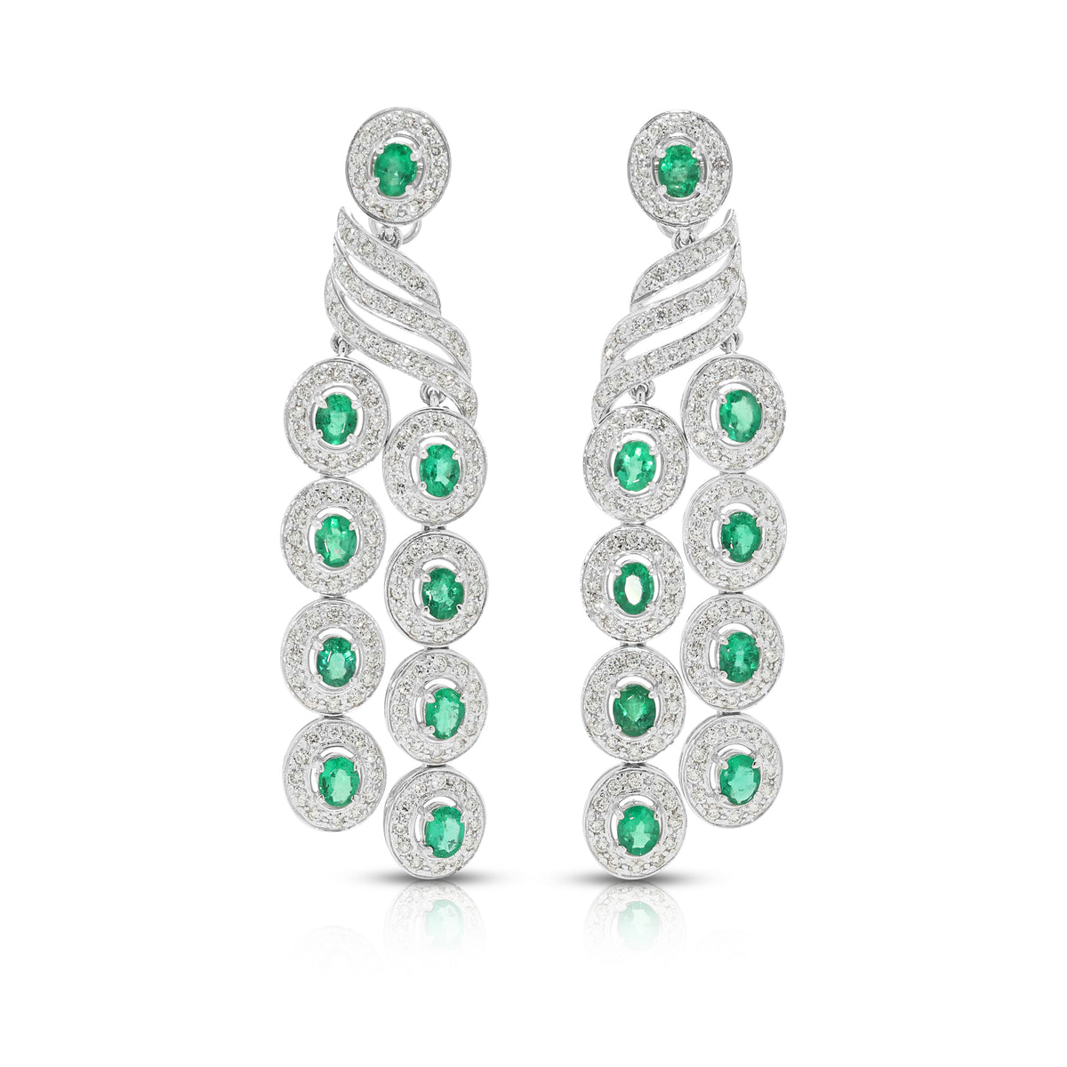 Opulent 5.40ct Emerald and 3.38ct Natural Diamond Cascading Dangling Earrings in 18K White Gold