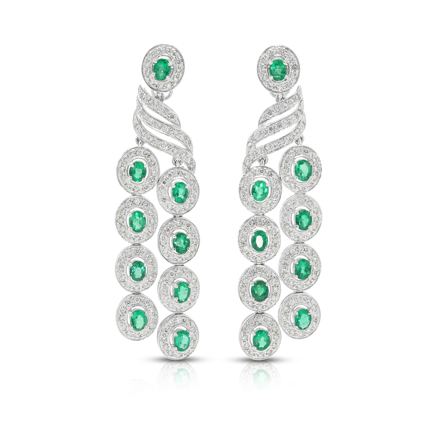 Opulent 5.40ct Emerald and 3.38ct Natural Diamond Cascading Dangling Earrings in 18K White Gold
