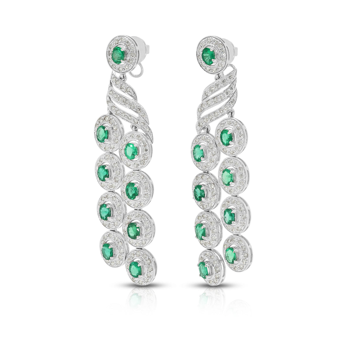 Opulent 5.40ct Emerald and 3.38ct Natural Diamond Cascading Dangling Earrings in 18K White Gold