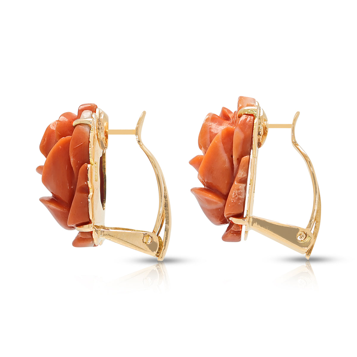 Magnificent Carved Coral Rose Studs in 14K Rose Gold