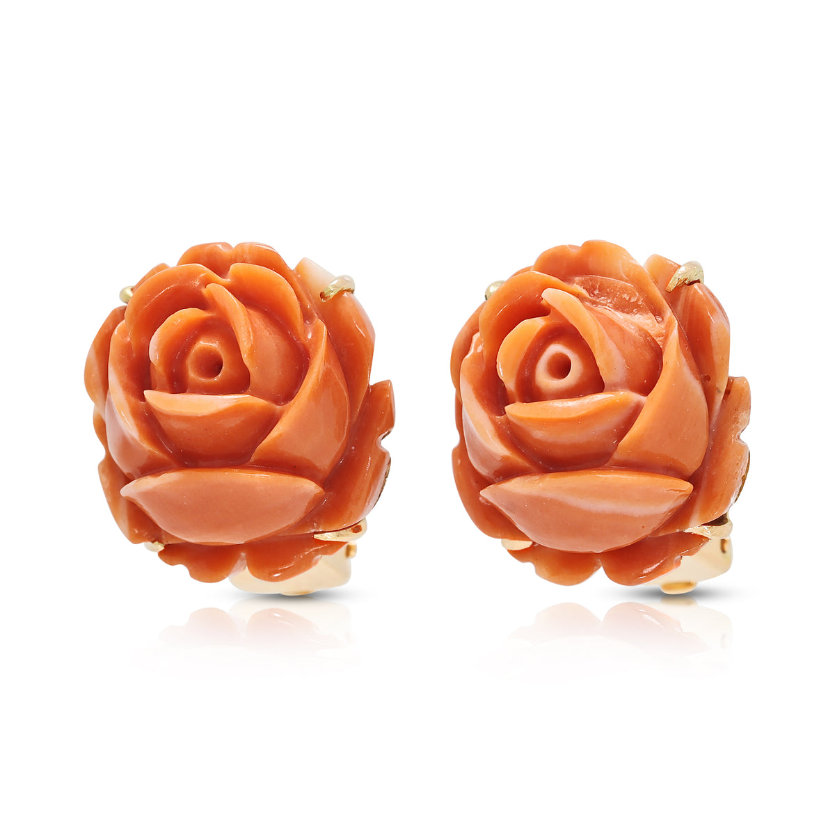 Magnificent Carved Coral Rose Studs in 14K Rose Gold