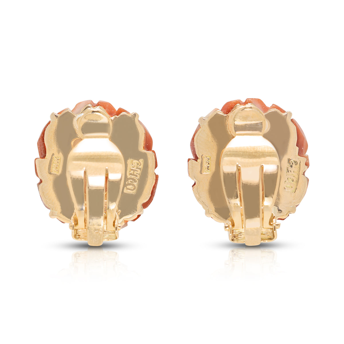 Magnificent Carved Coral Rose Studs in 14K Rose Gold