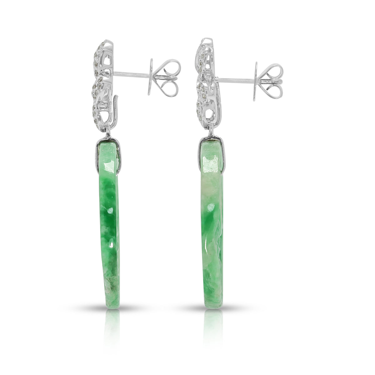 Majestic Carved Jade and 0.85ct Natural Diamond Dangling Earrings in 18K White Gold