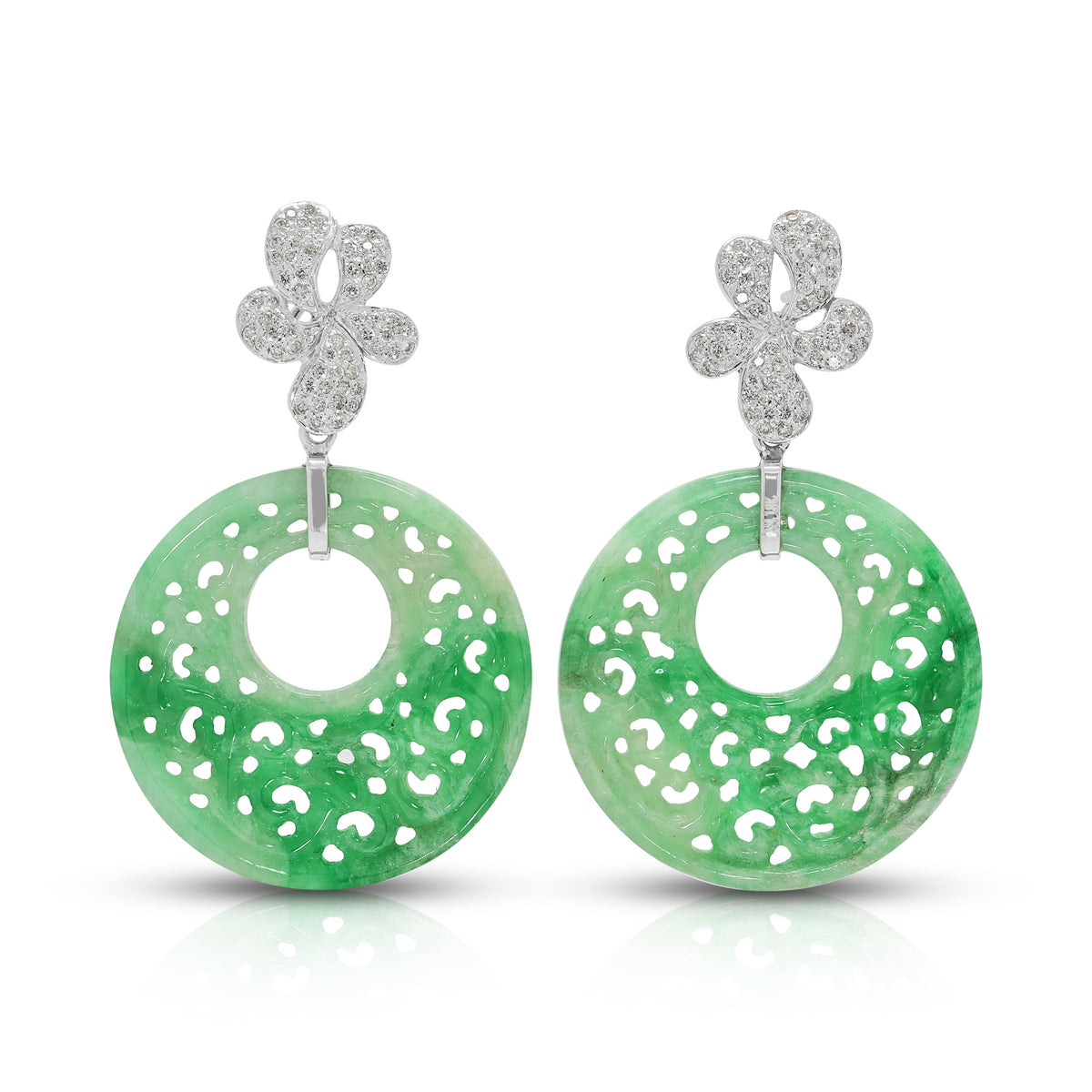 Majestic Carved Jade and 0.85ct Natural Diamond Dangling Earrings in 18K White Gold