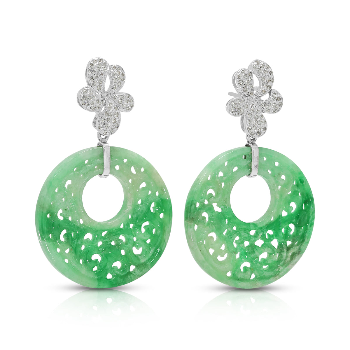 Majestic Carved Jade and 0.85ct Natural Diamond Dangling Earrings in 18K White Gold