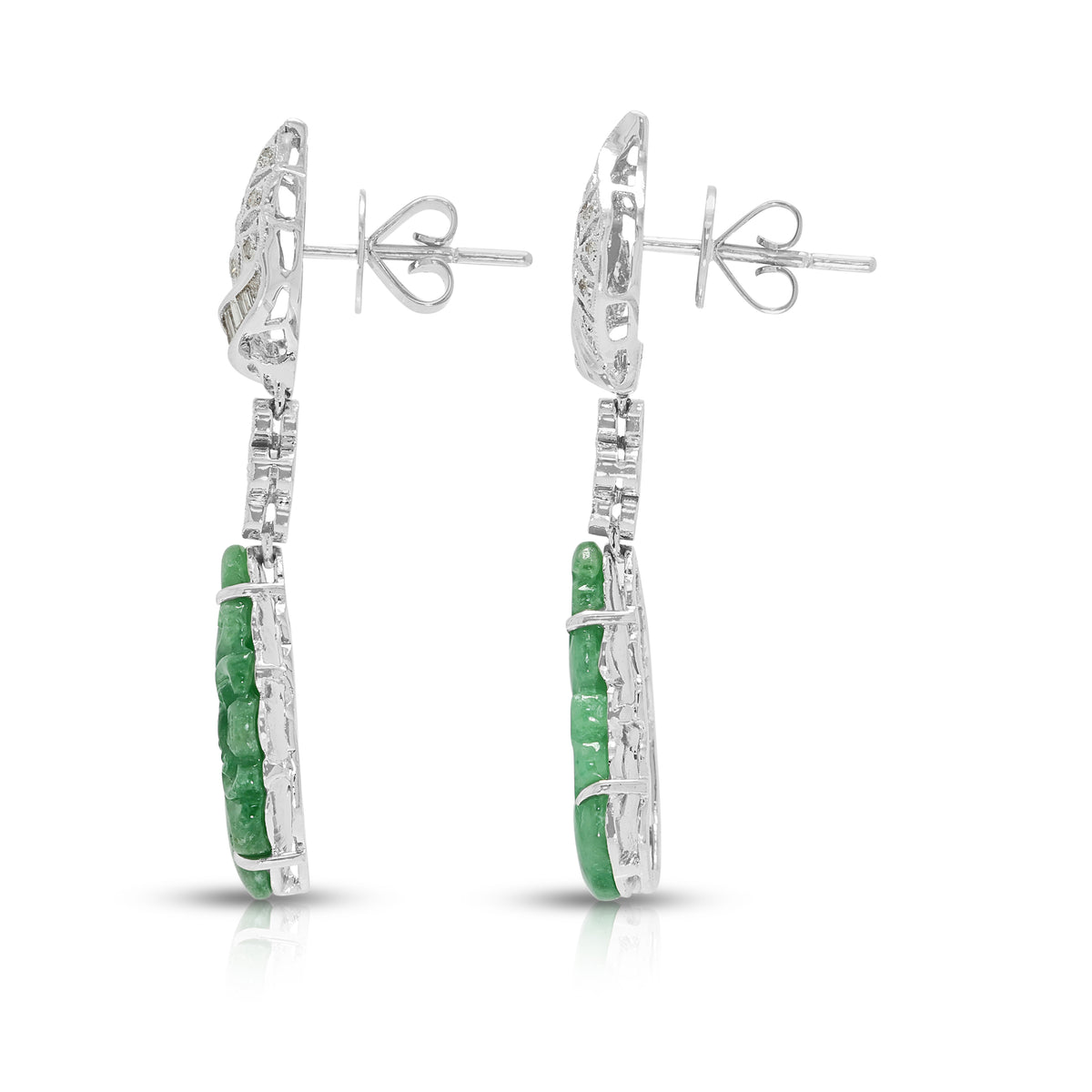Exquisite Carved Jade and 0.30ct Natural Diamond Dangling Earrings in 18K White Gold