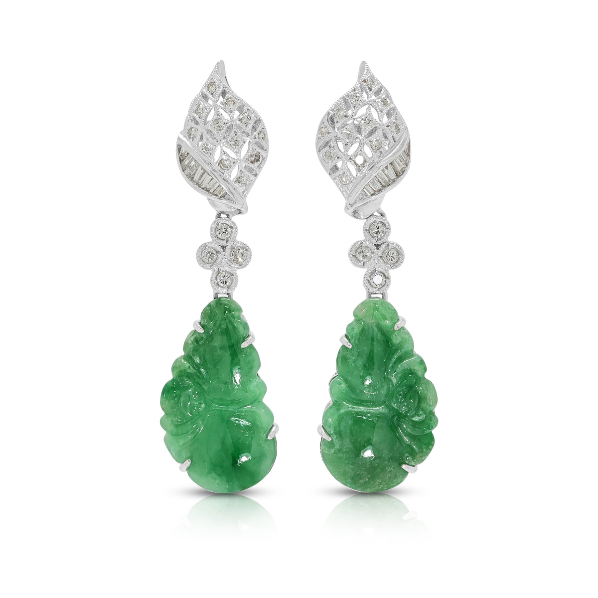 Exquisite Carved Jade and 0.30ct Natural Diamond Dangling Earrings in 18K White Gold