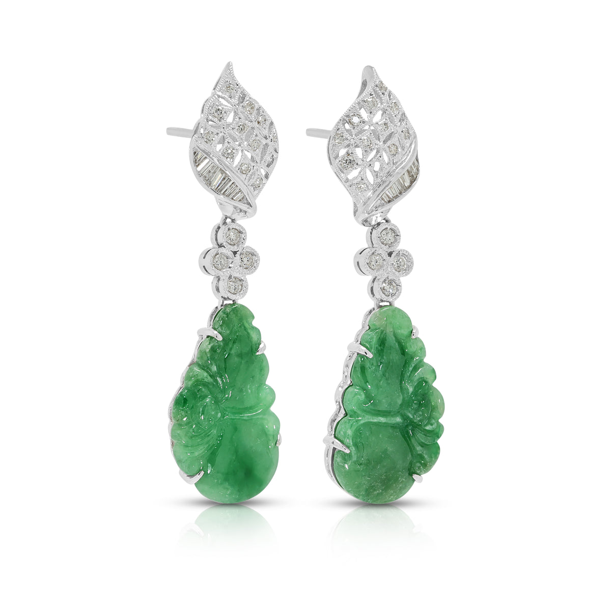 Exquisite Carved Jade and 0.30ct Natural Diamond Dangling Earrings in 18K White Gold