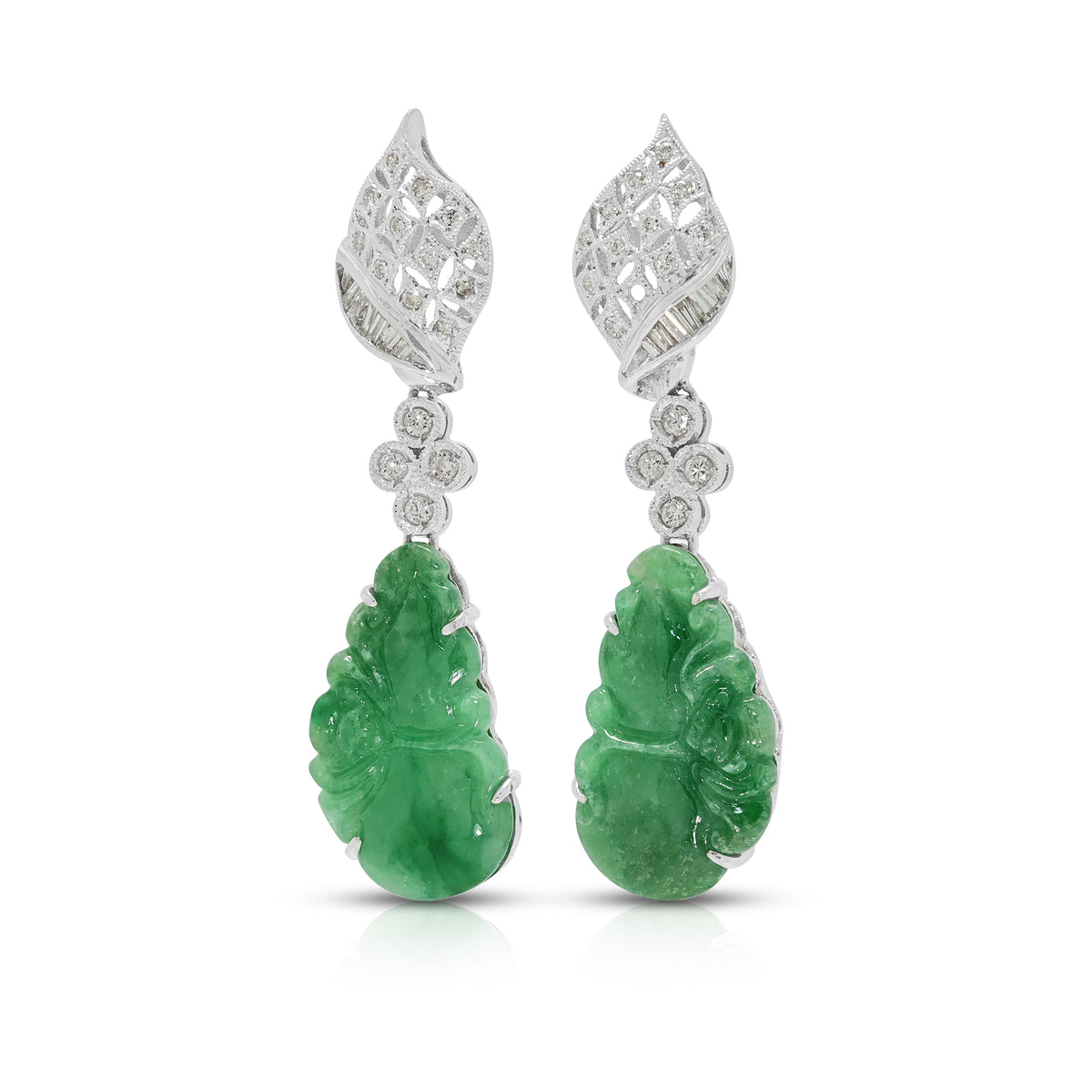 Exquisite Carved Jade and 0.30ct Natural Diamond Dangling Earrings in 18K White Gold