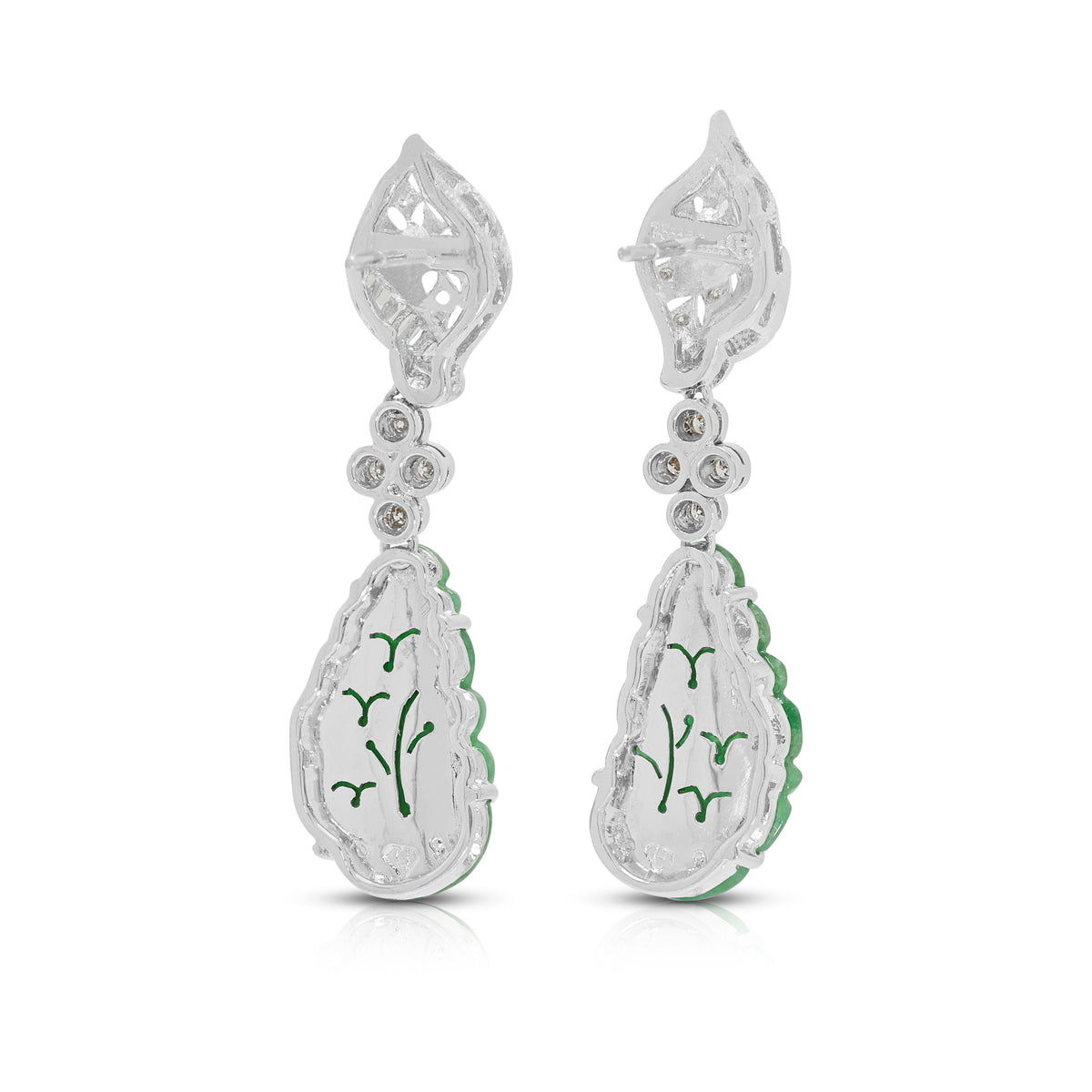 Exquisite Carved Jade and 0.30ct Natural Diamond Dangling Earrings in 18K White Gold