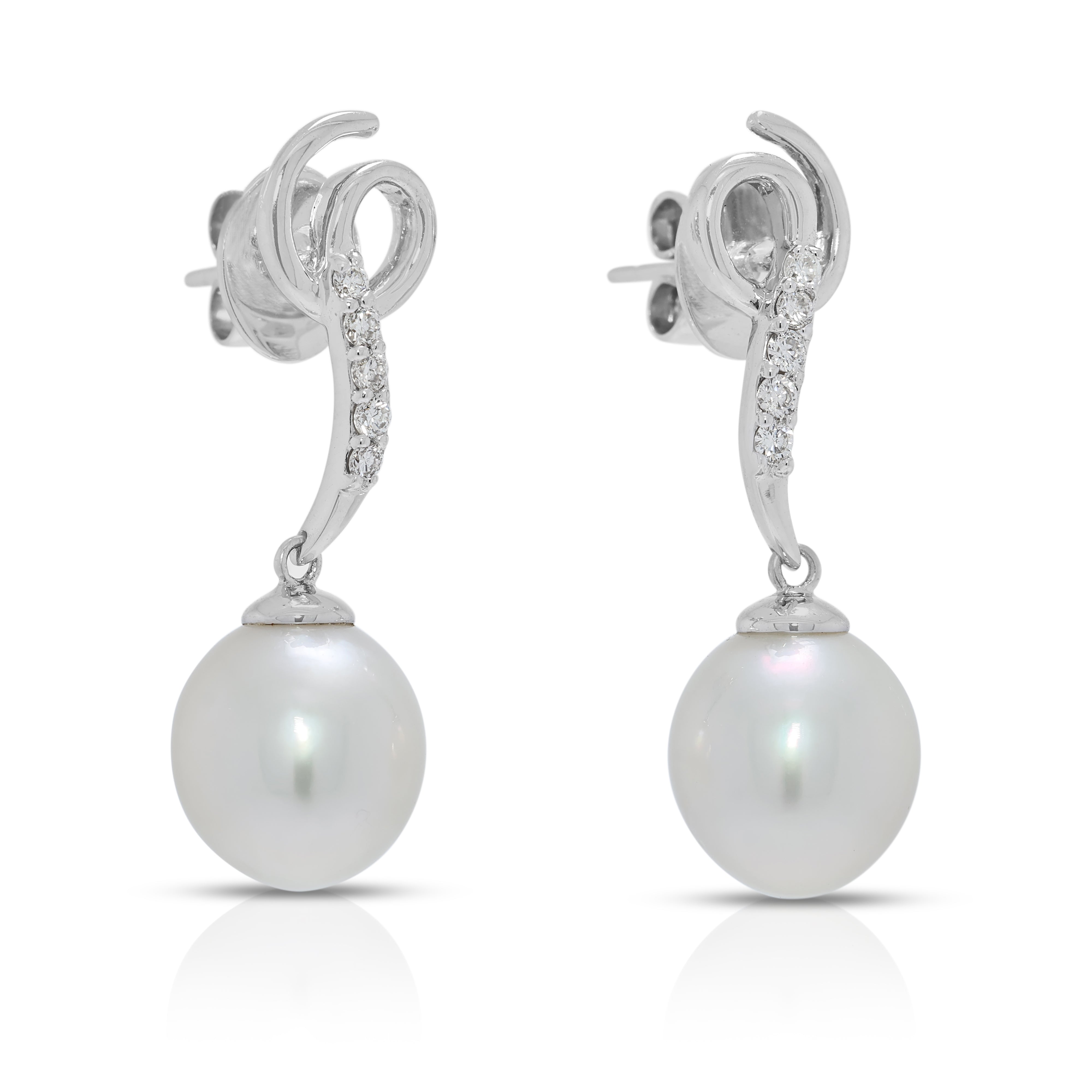 Graceful 10.1mm Freshwater Pearl & 0.1ct Natural Diamond Drop Earrings in 18K White Gold