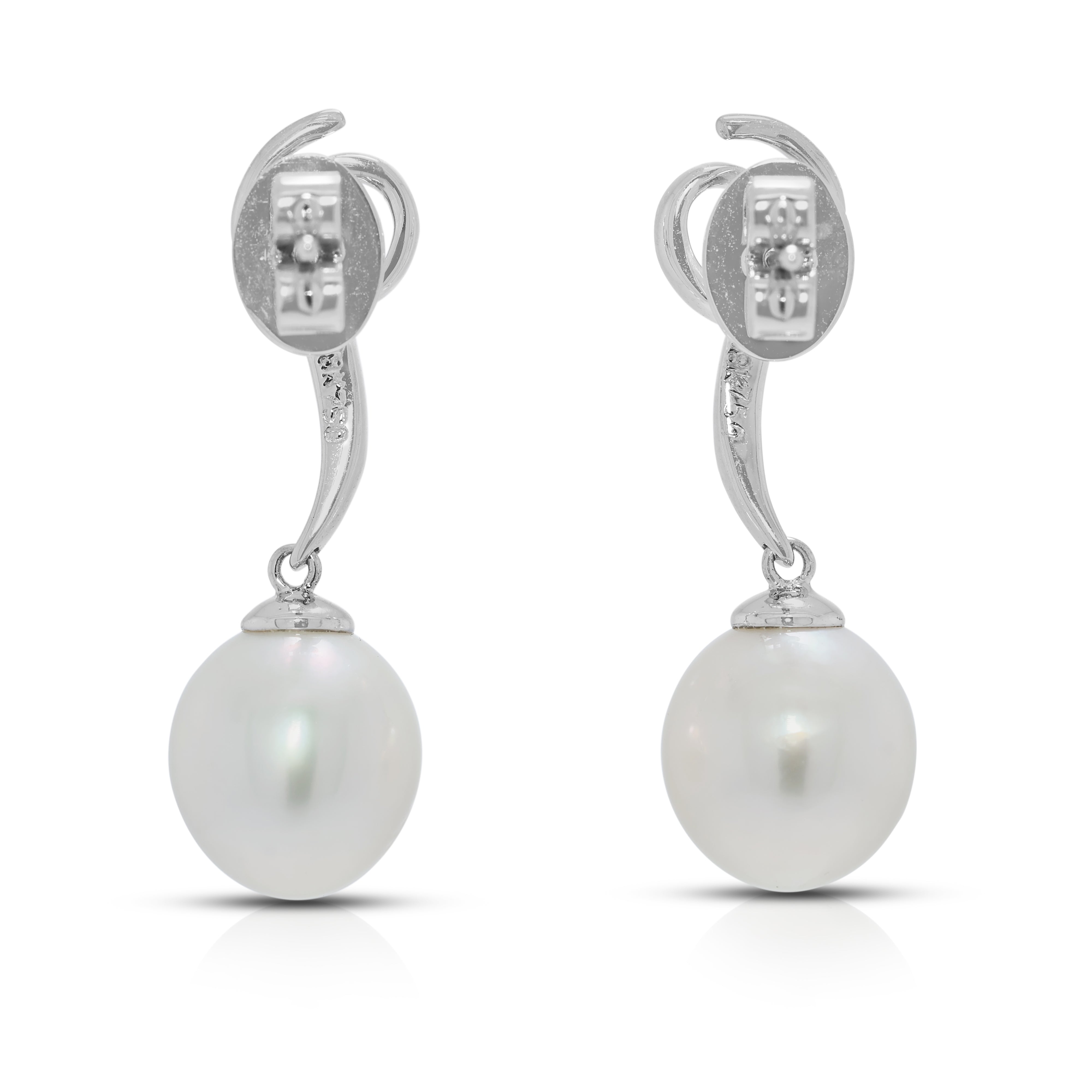 Graceful 10.1mm Freshwater Pearl & 0.1ct Natural Diamond Drop Earrings in 18K White Gold