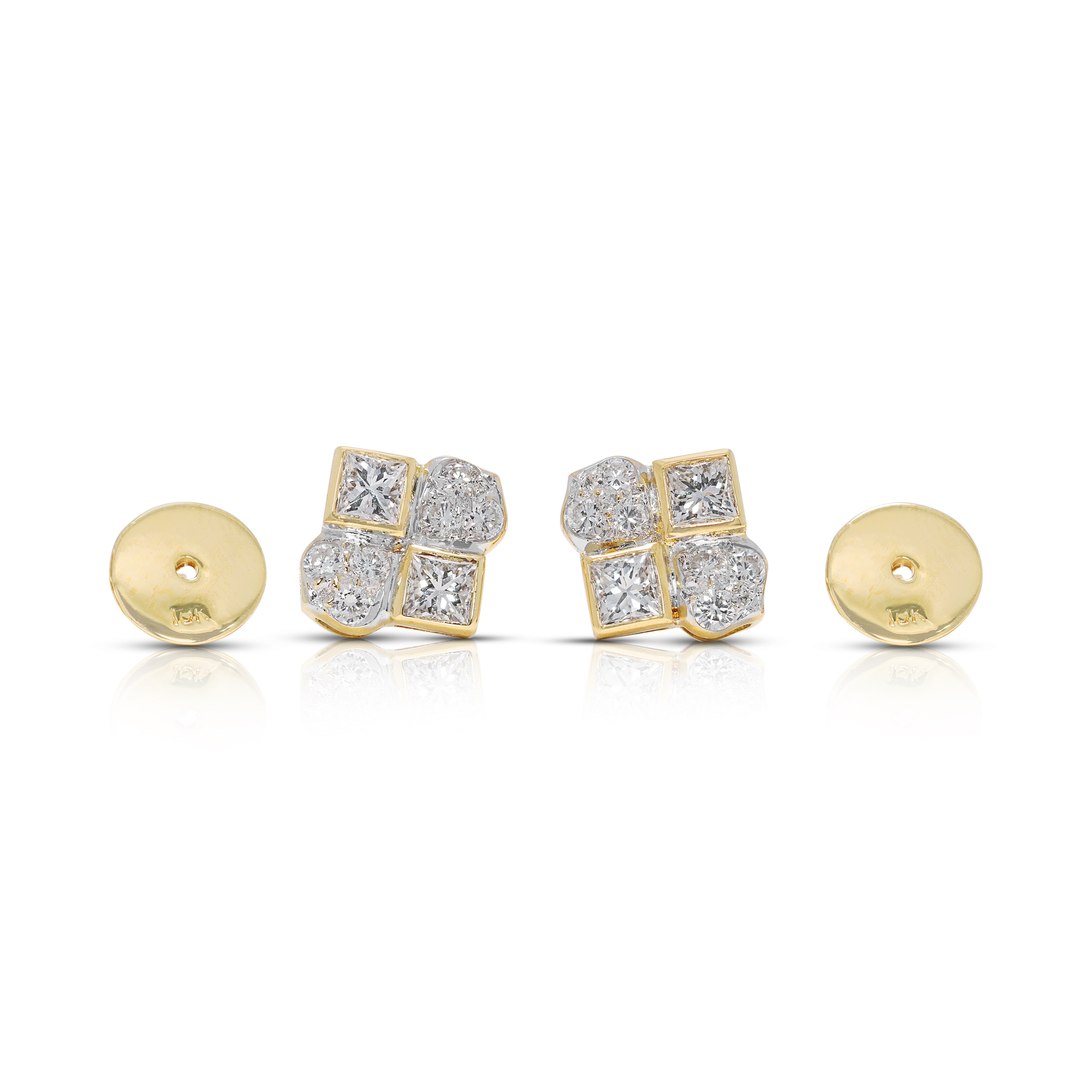 Striking 0.78ct Princess & Round Natural Diamond Earrings in 18K Two-Toned Gold
