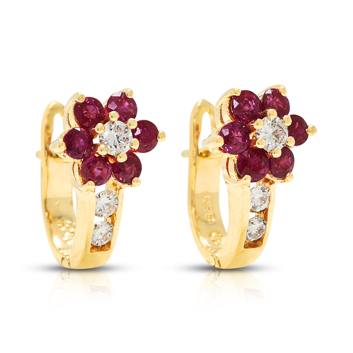 Splendid 0.72ct Ruby and 0.16ct Natural Diamond Flower Hoop Earrings in 20K Yellow Gold