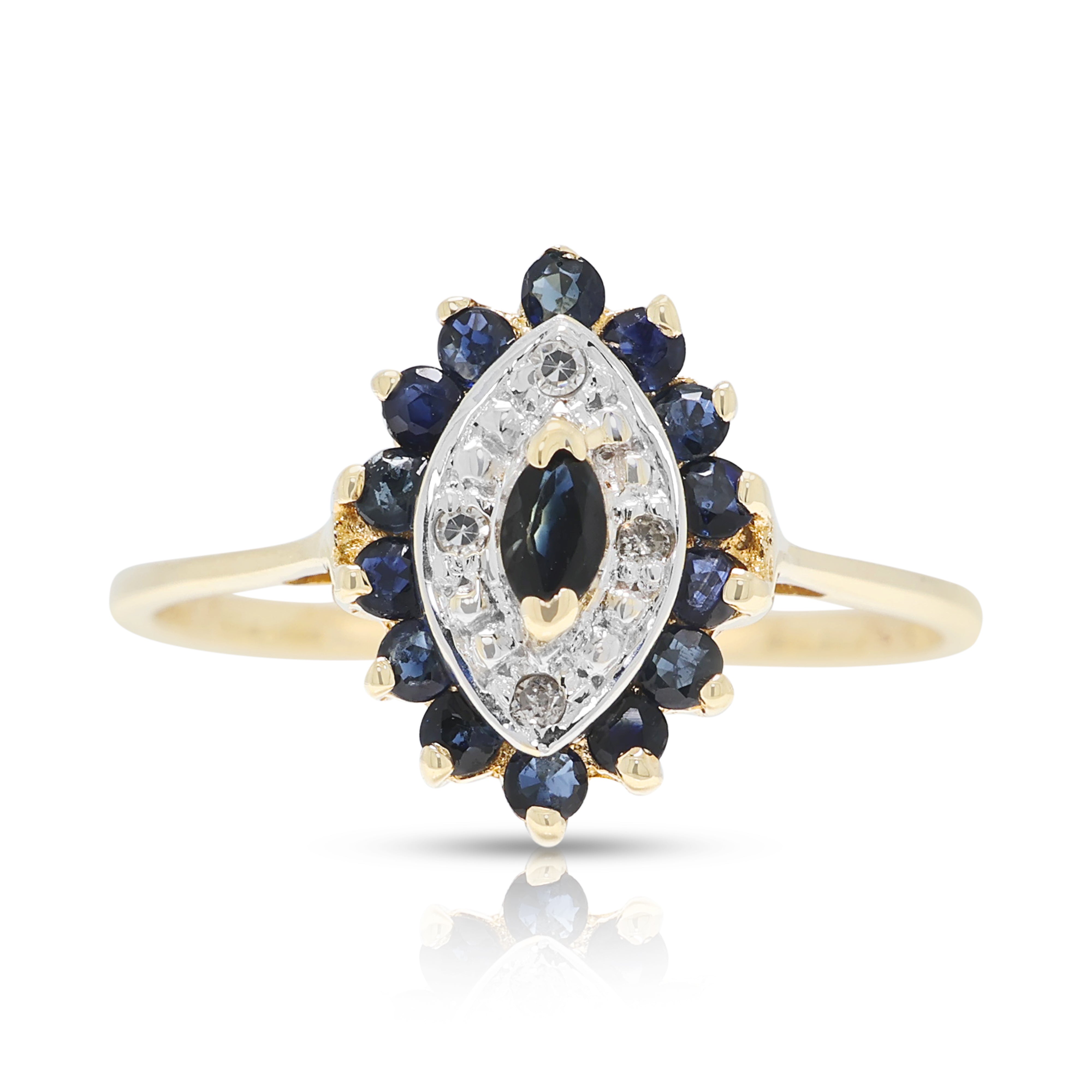 Elegant 0.26ct Sapphire and 0.02ct Natural Diamond Marquise Cluster Ring in 10K Two-Tone Gold