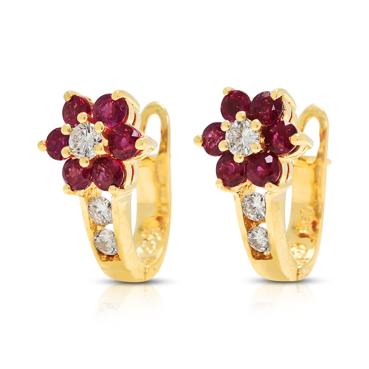 Splendid 0.72ct Ruby and 0.16ct Natural Diamond Flower Hoop Earrings in 20K Yellow Gold