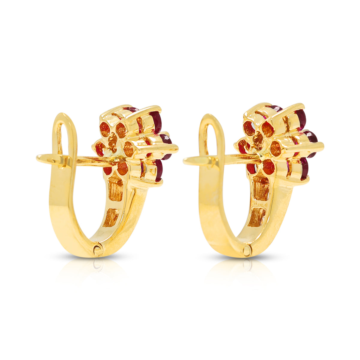 Splendid 0.72ct Ruby and 0.16ct Natural Diamond Flower Hoop Earrings in 20K Yellow Gold