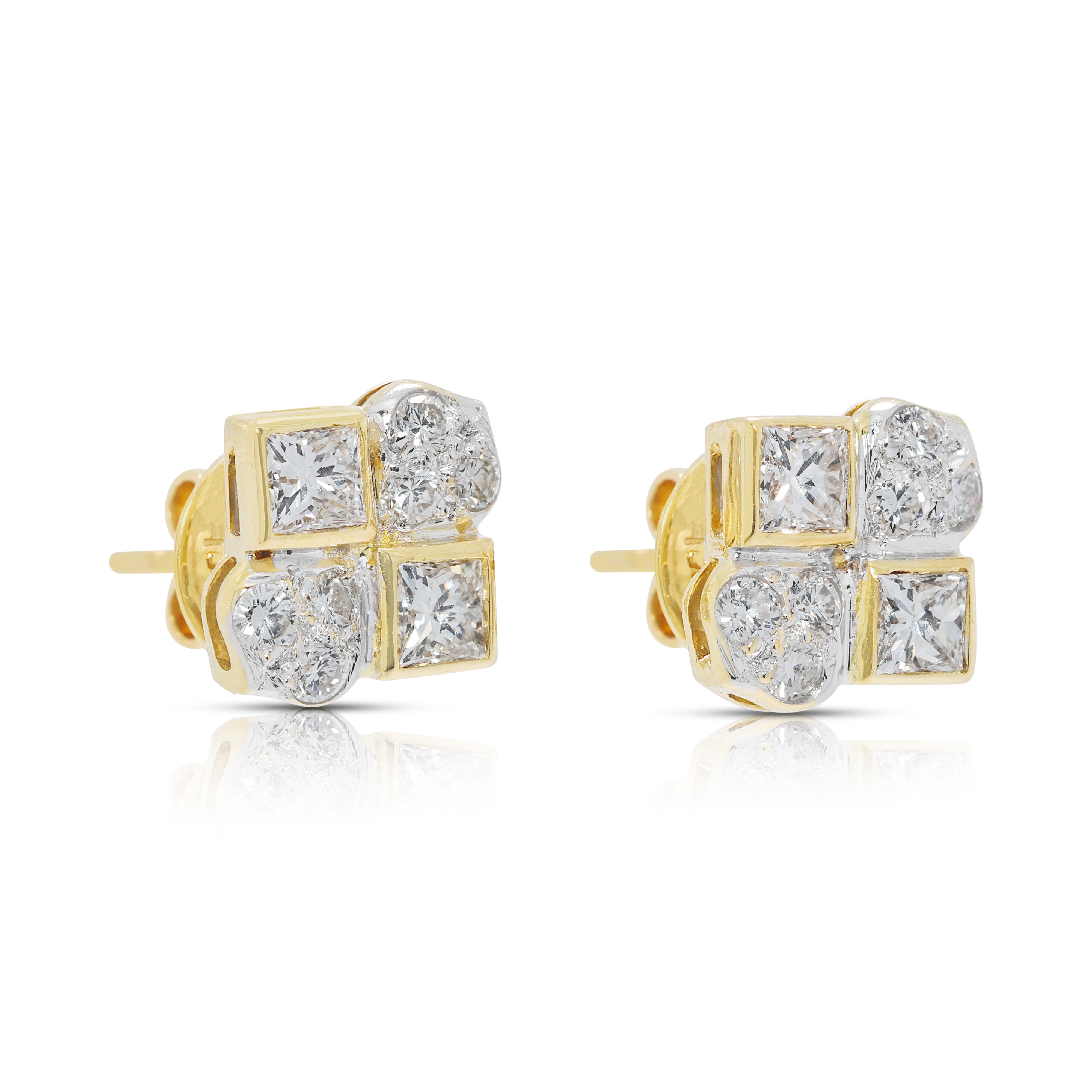Striking 0.78ct Princess & Round Natural Diamond Earrings in 18K Two-Toned Gold