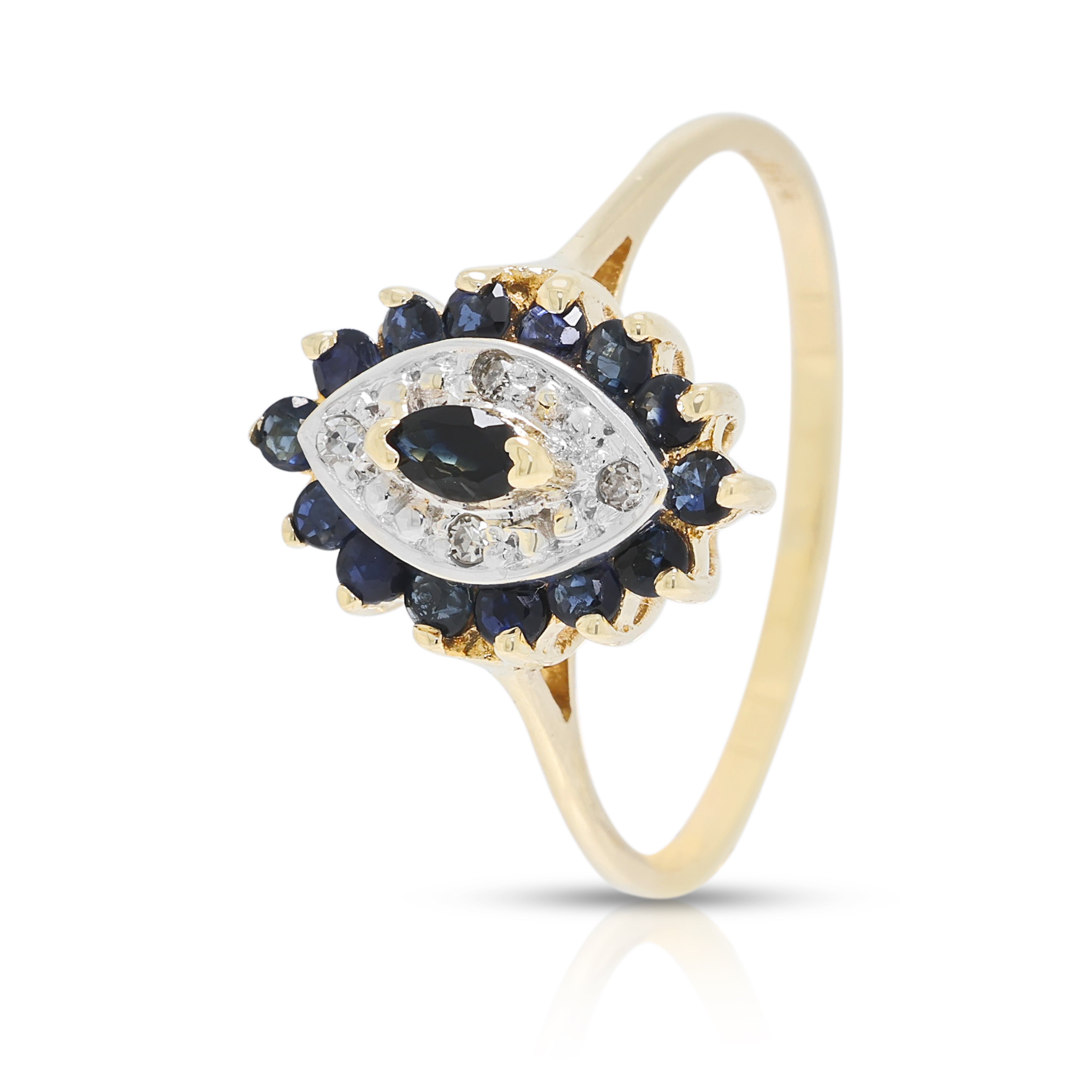 Elegant 0.26ct Sapphire and 0.02ct Natural Diamond Marquise Cluster Ring in 10K Two-Tone Gold