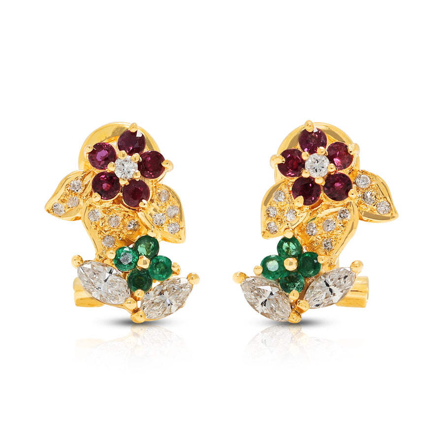 Enchanting 0.10ct Ruby 0.04ct Emerald and 0.33ct Natural Diamond Floral Hoop Earrings in 18K Yellow Gold