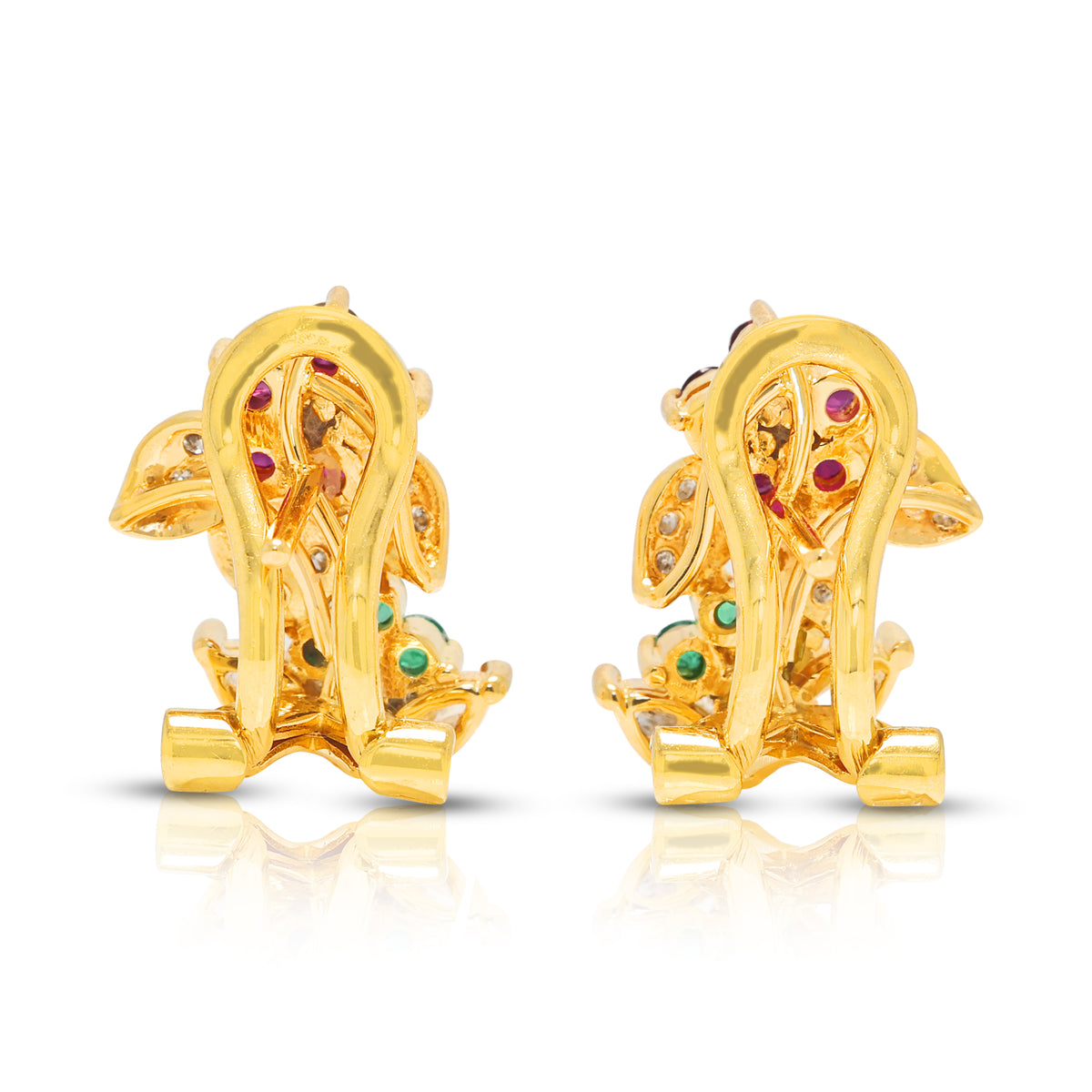 Enchanting 0.10ct Ruby 0.04ct Emerald and 0.33ct Natural Diamond Floral Hoop Earrings in 18K Yellow Gold