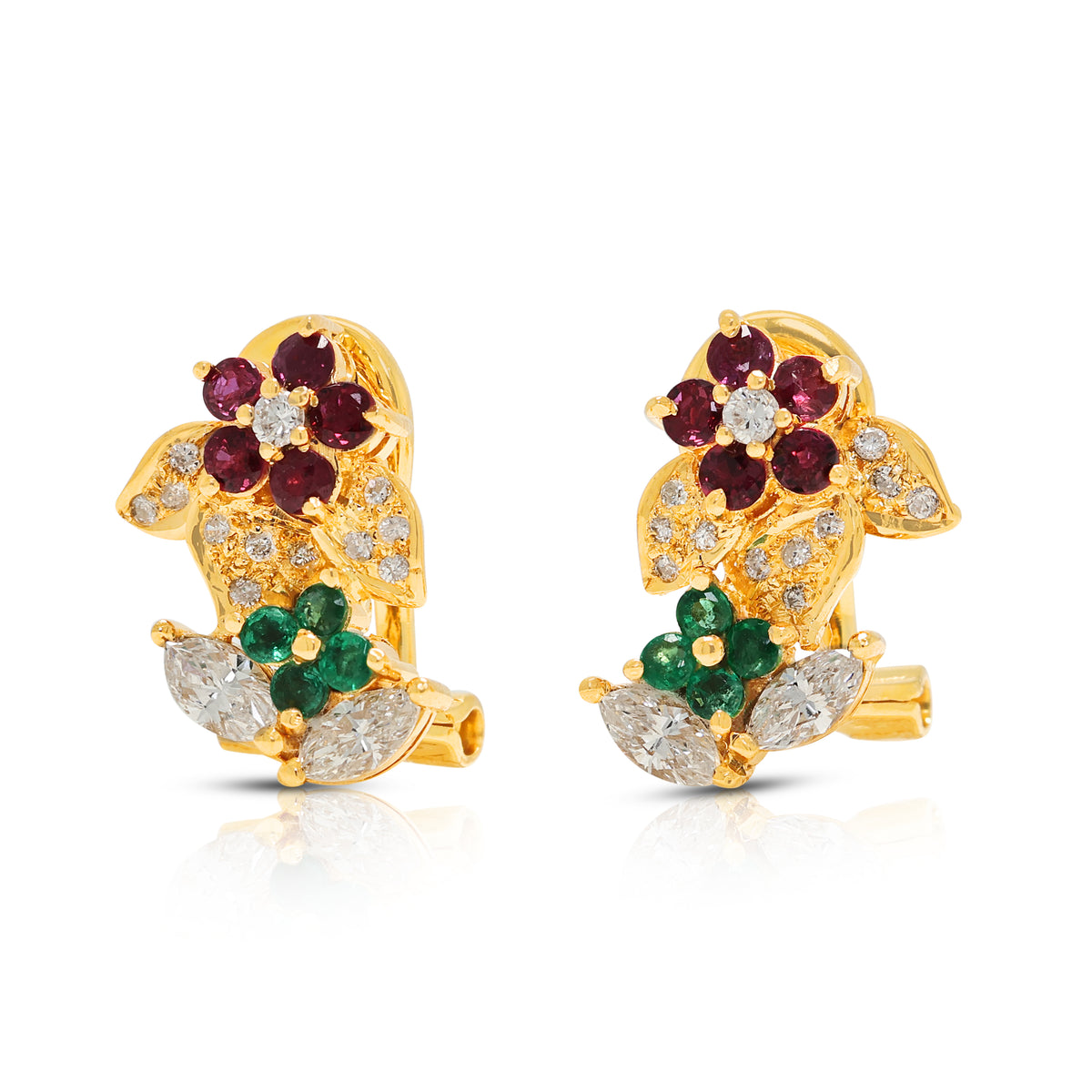 Enchanting 0.10ct Ruby 0.04ct Emerald and 0.33ct Natural Diamond Floral Hoop Earrings in 18K Yellow Gold