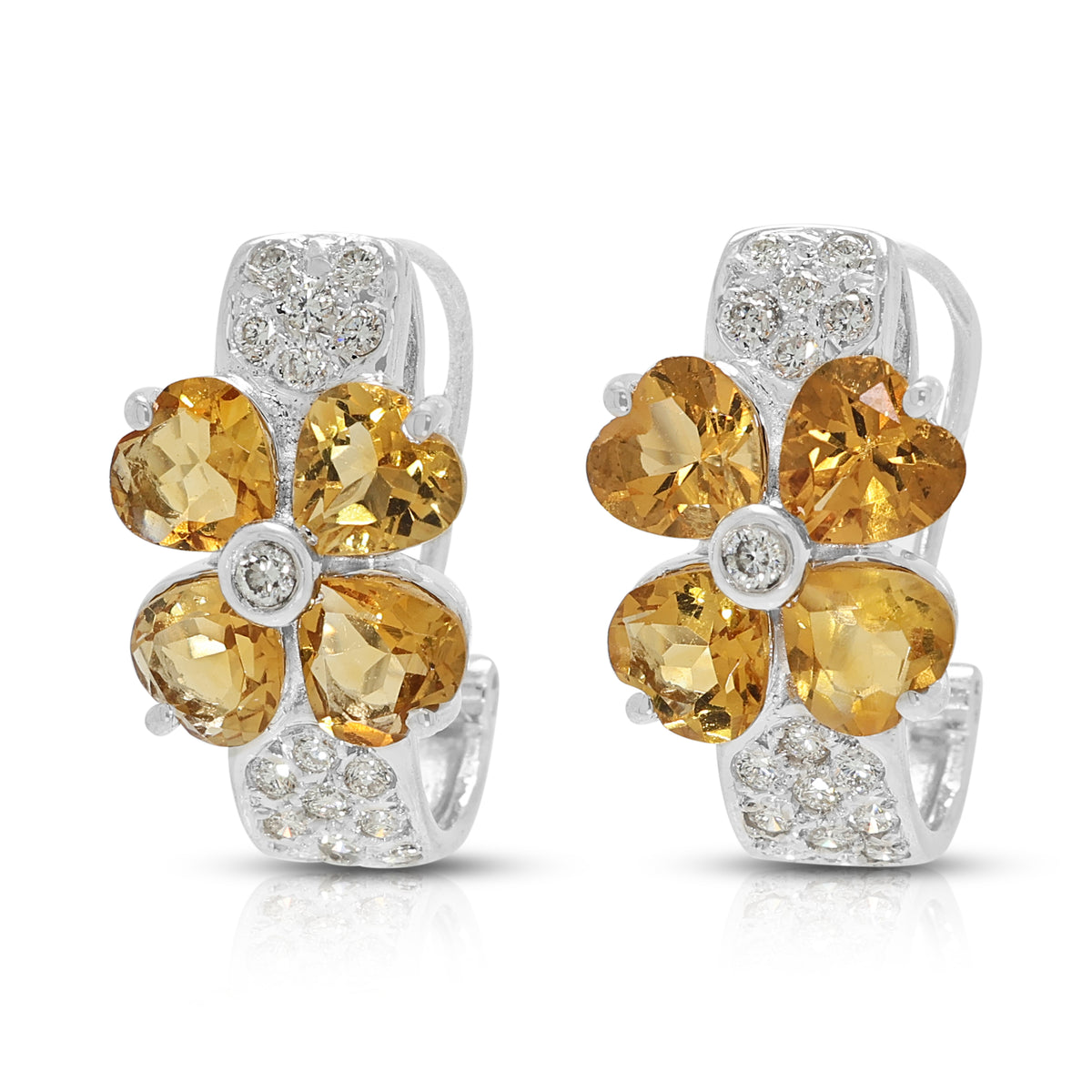 Radiant 2.40ct Citrine and 0.34ct Natural Diamond Flower Hoop Earrings in 18K White Gold