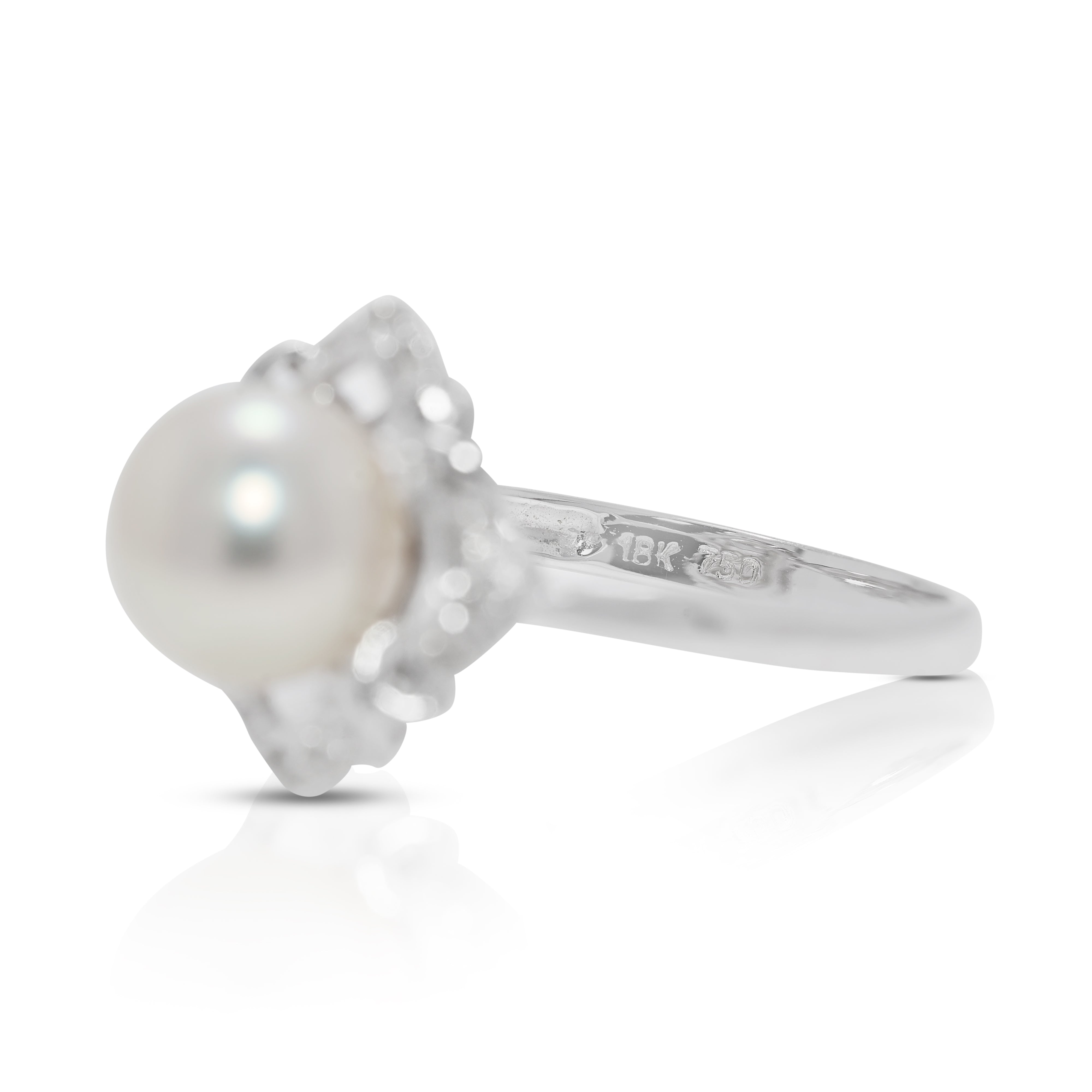 Lustrous 8.2mm Akoya Pearl & 0.12ct Natural Diamond Ring in 18K White Gold (New)